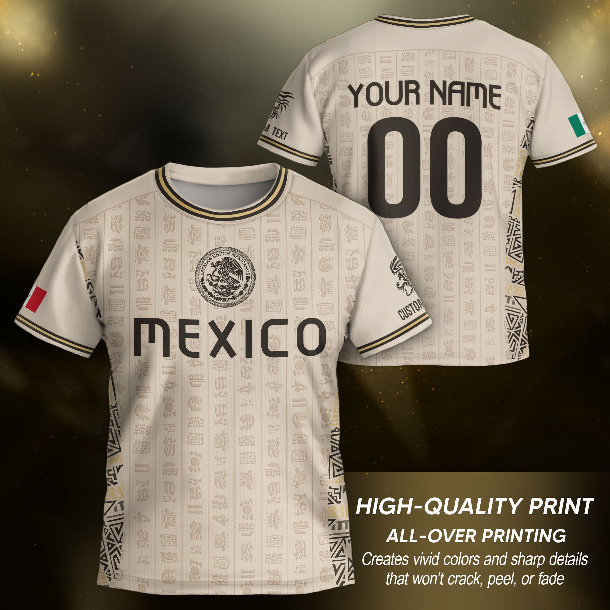 Camiseta de fútbol infantil personalizada de México, diseño beige con calendario azteca.