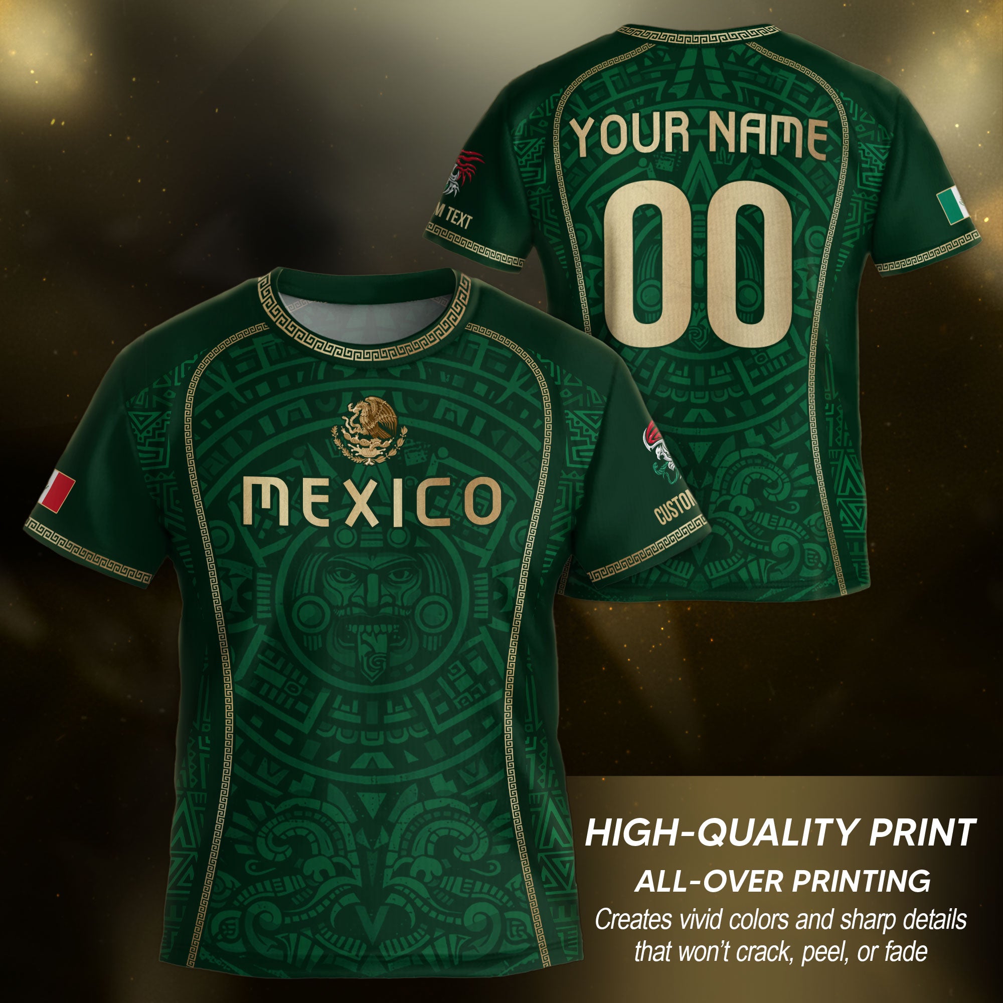Camiseta de fútbol infantil personalizada de México, diseño beige con calendario azteca.