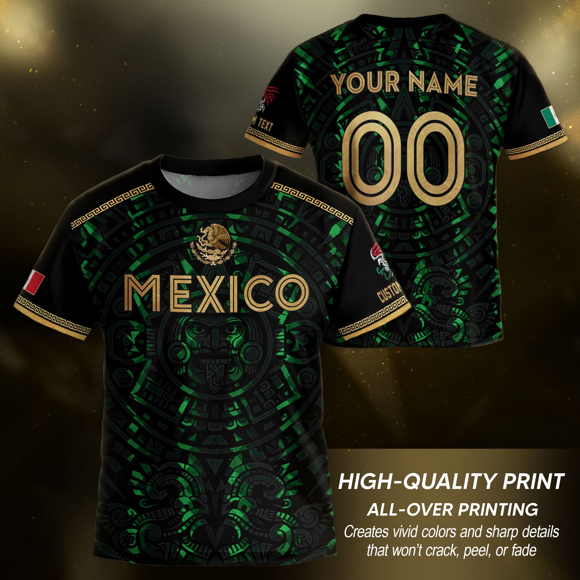 Camiseta de fútbol infantil personalizada de México, diseño beige con calendario azteca.