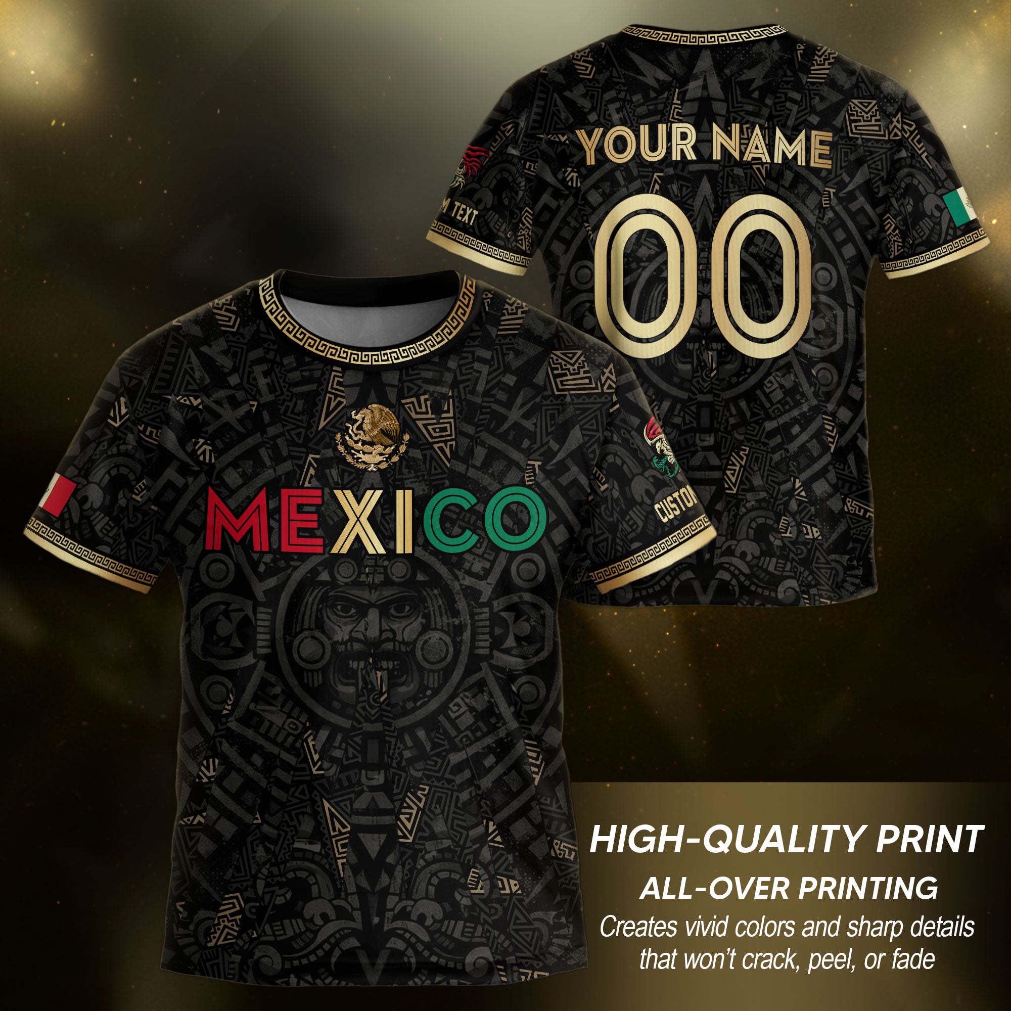 Camiseta de fútbol infantil personalizada de México, diseño beige con calendario azteca.