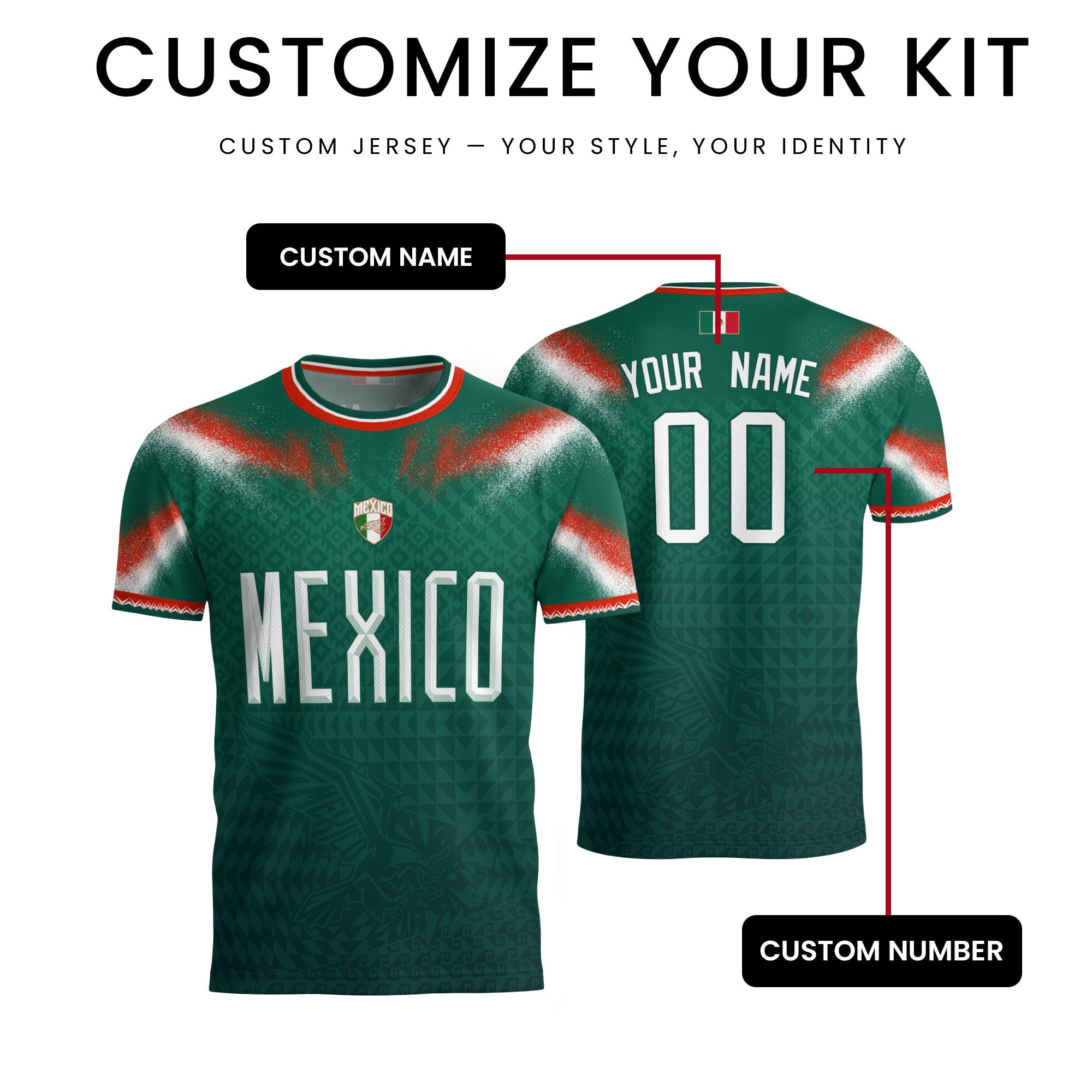 Camiseta de fútbol premium con emblema de águila azteca verde y dorado de México