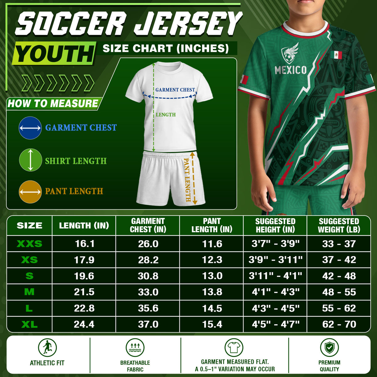 Camiseta de fútbol infantil de México con diseño de escudo con patrón azteca verde