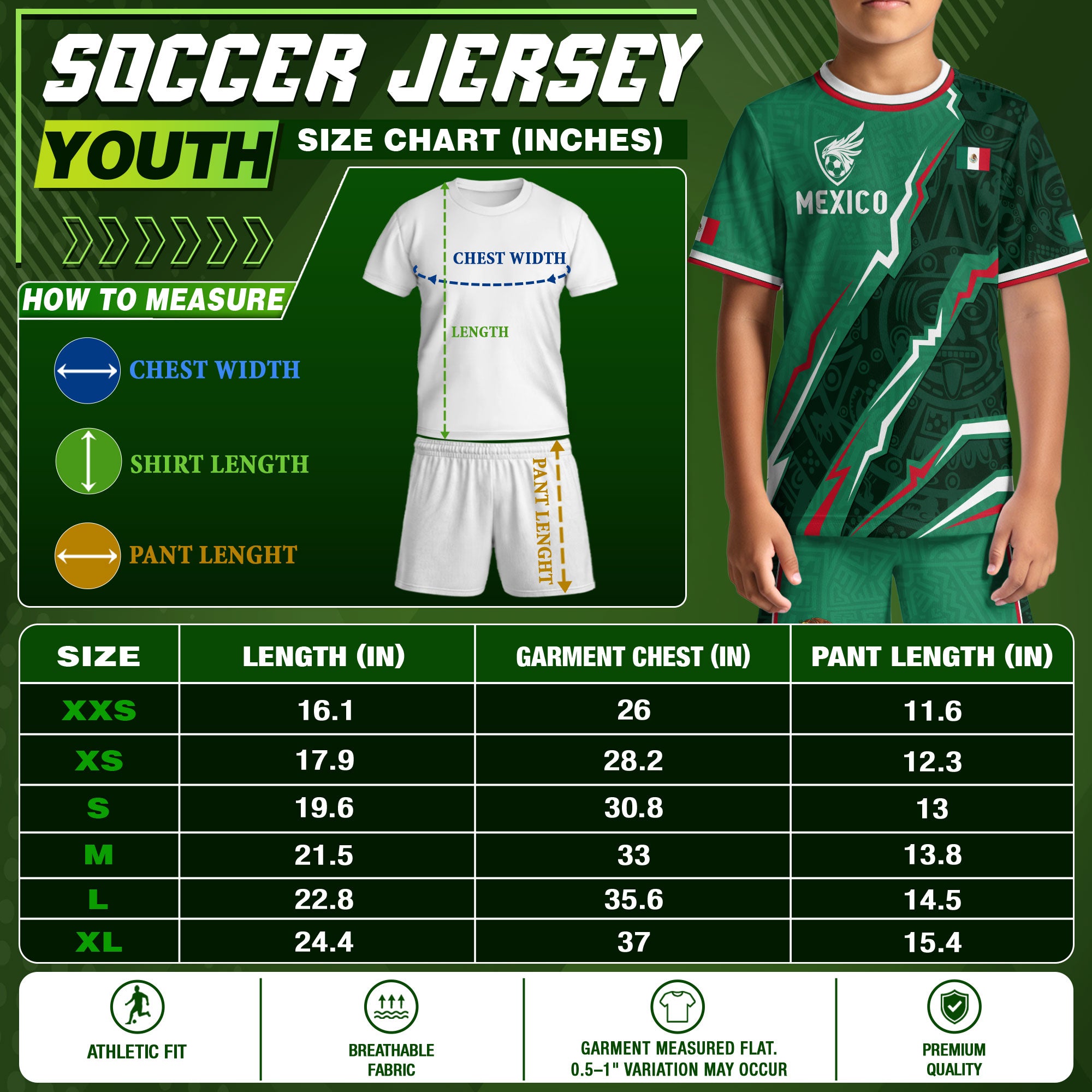 Camiseta de fútbol infantil de México con diseño de escudo con patrón azteca verde