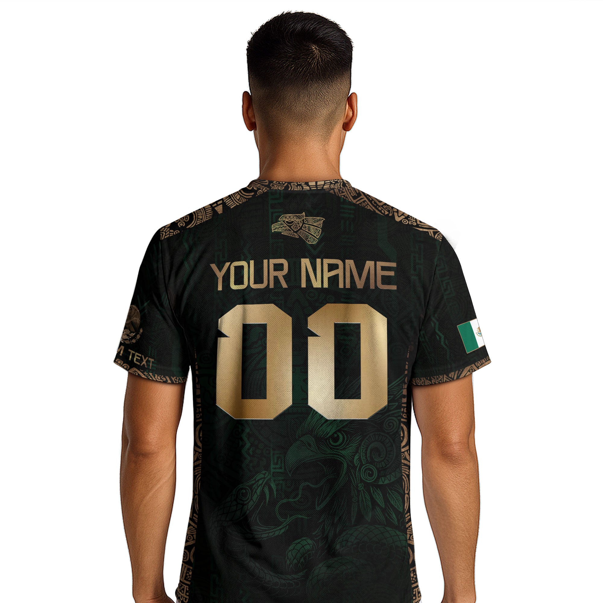 Custom Mexico Green Gold Soccer Jersey with Aztec Eagle Warrior Design