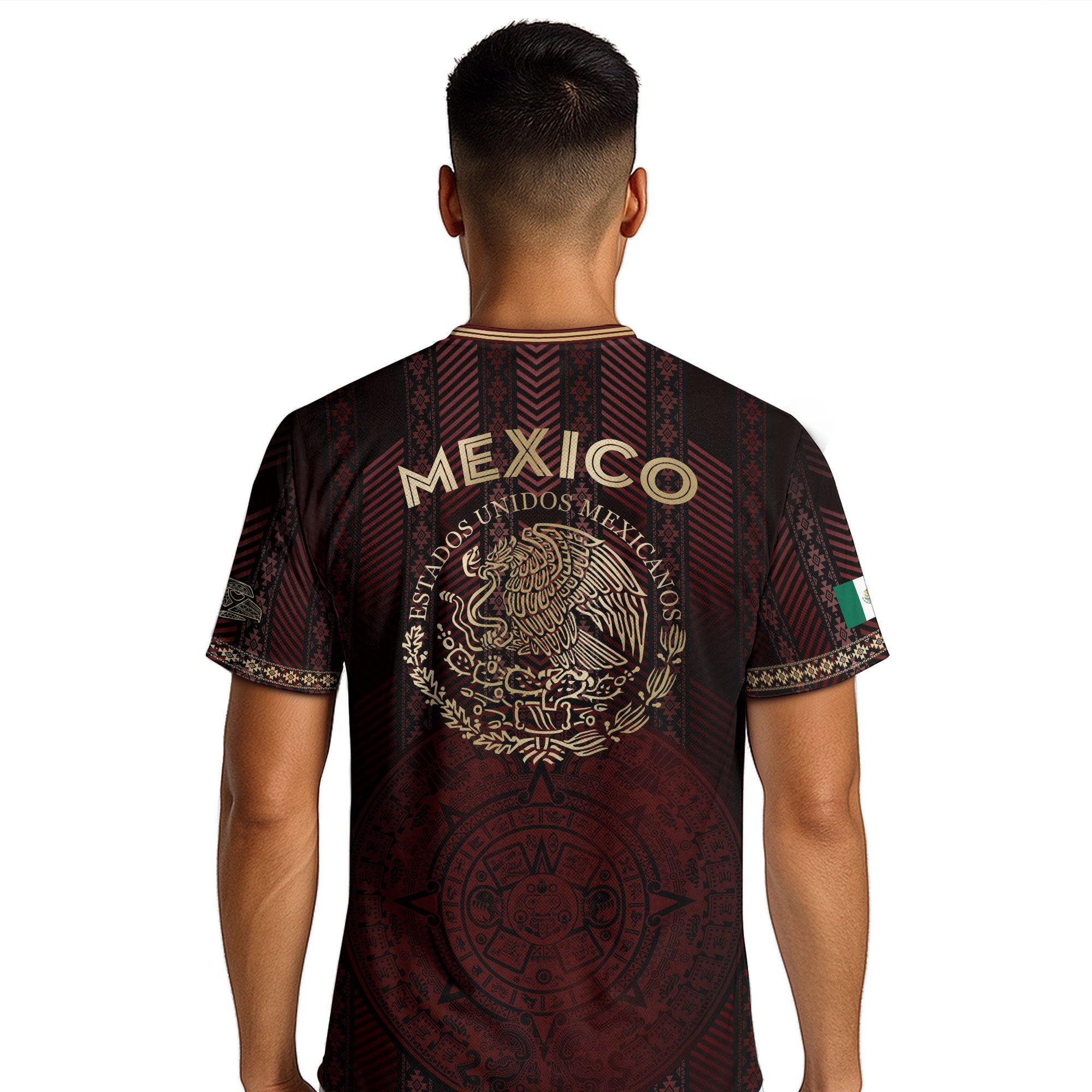 Mexico Burgundy Soccer Jersey with Golden Aztec Calendar and Eagle Crest