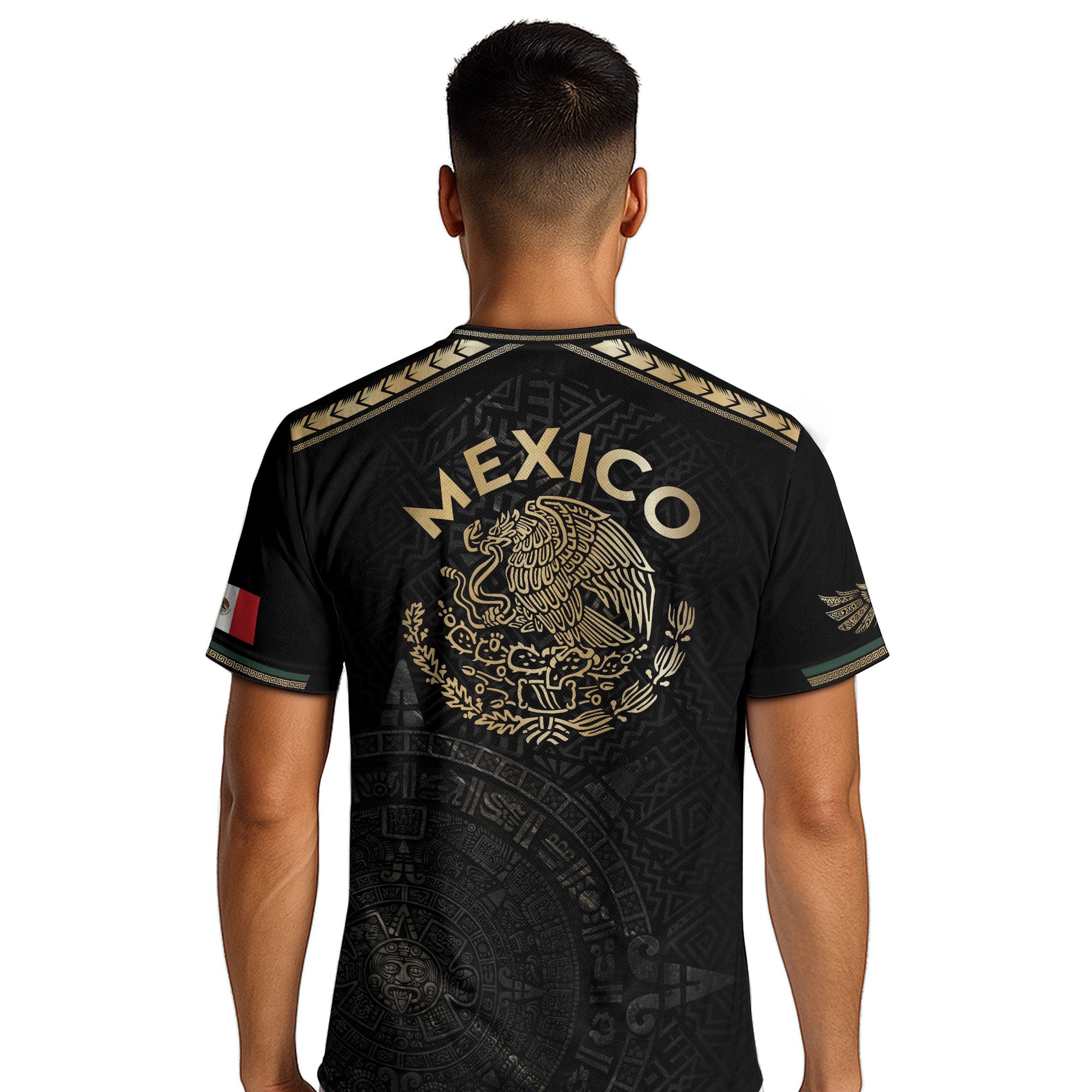 Mexico Heritage Orgullo Mexicano Black Gold Sash Aztec Calendar Gold Shoulder Soccer Jersey