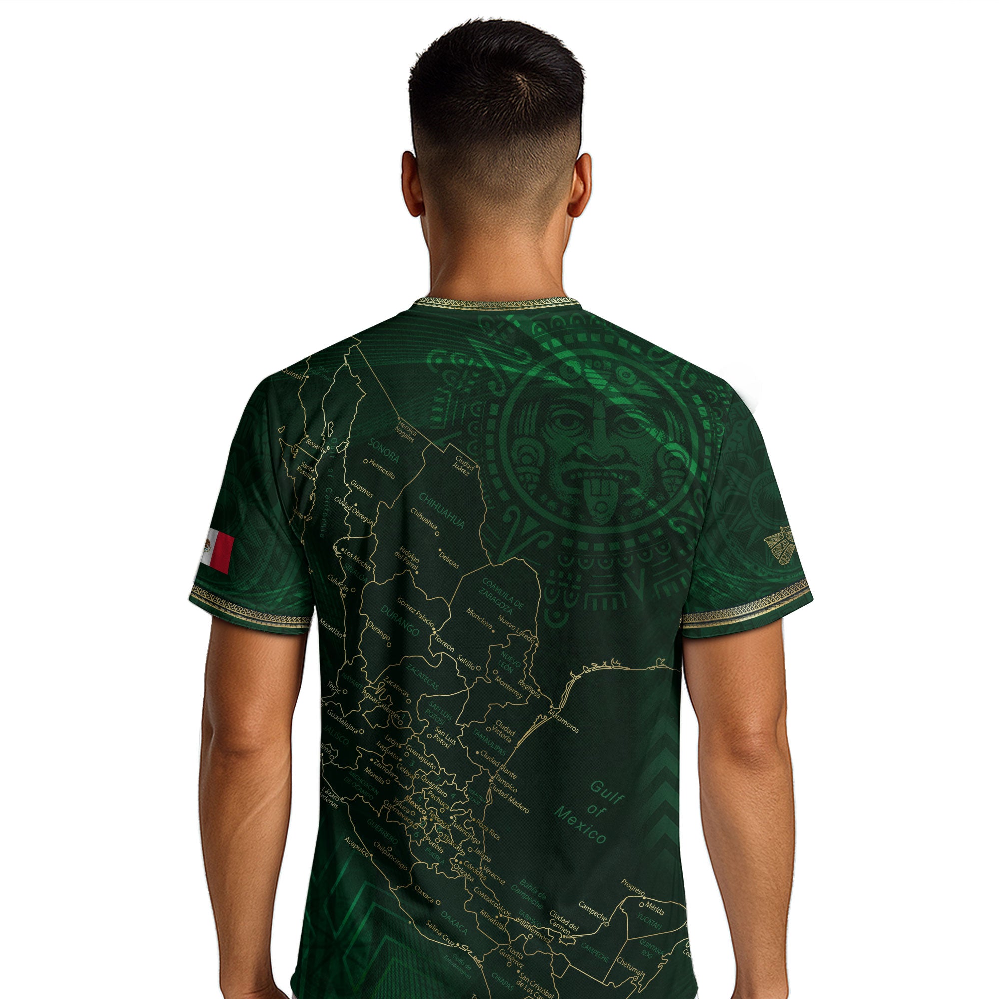 Mexico Heritage Orgullo Mexicano Green Gold Detailed Country Map Aztec Calendar Soccer Jersey