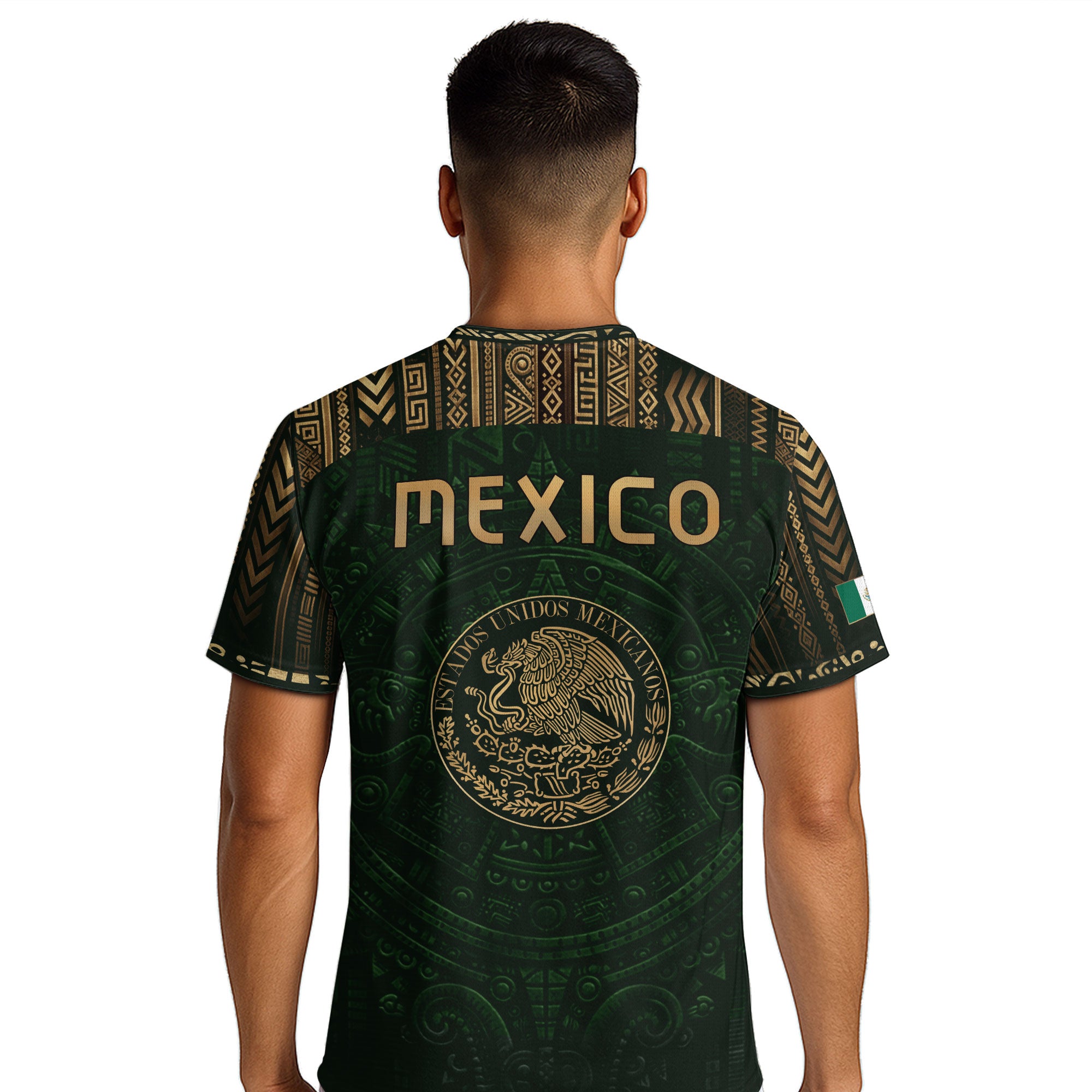 Camiseta de fútbol premium con emblema de águila azteca verde y dorado de México