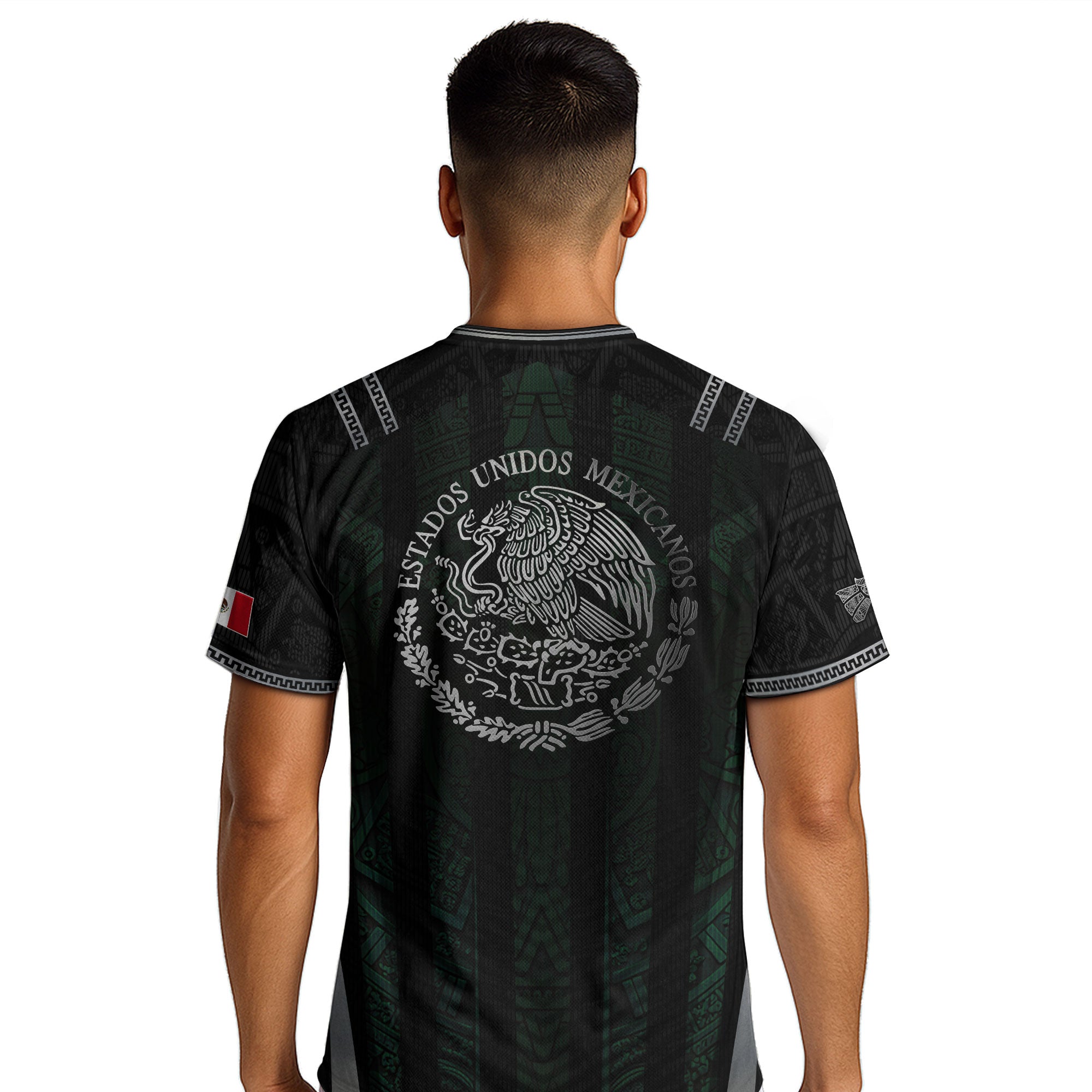 Camiseta de fútbol premium con emblema de águila azteca verde y dorado de México