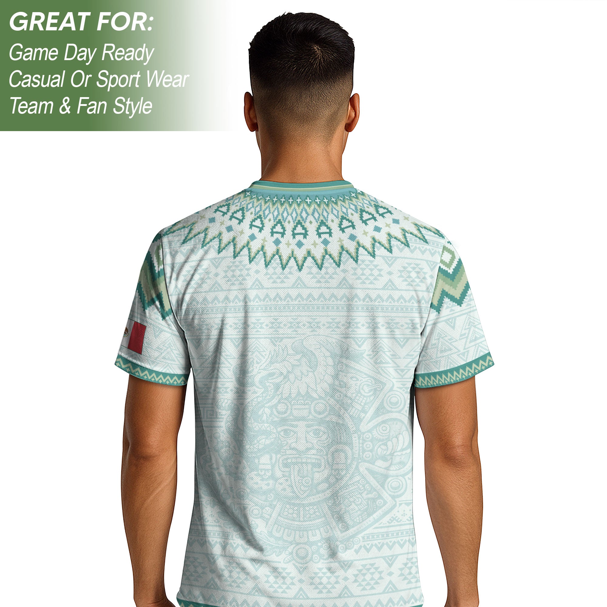 Camiseta de fútbol premium con emblema de águila azteca verde y dorado de México