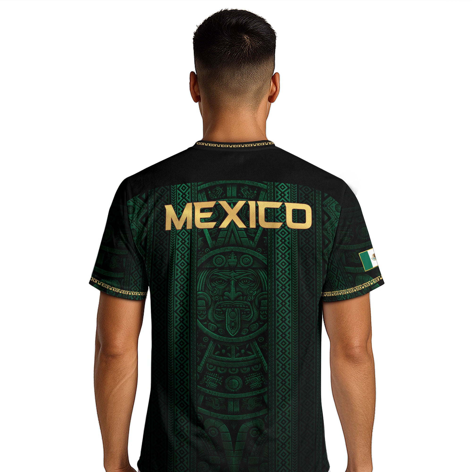 Camiseta de fútbol premium con emblema de águila azteca verde y dorado de México