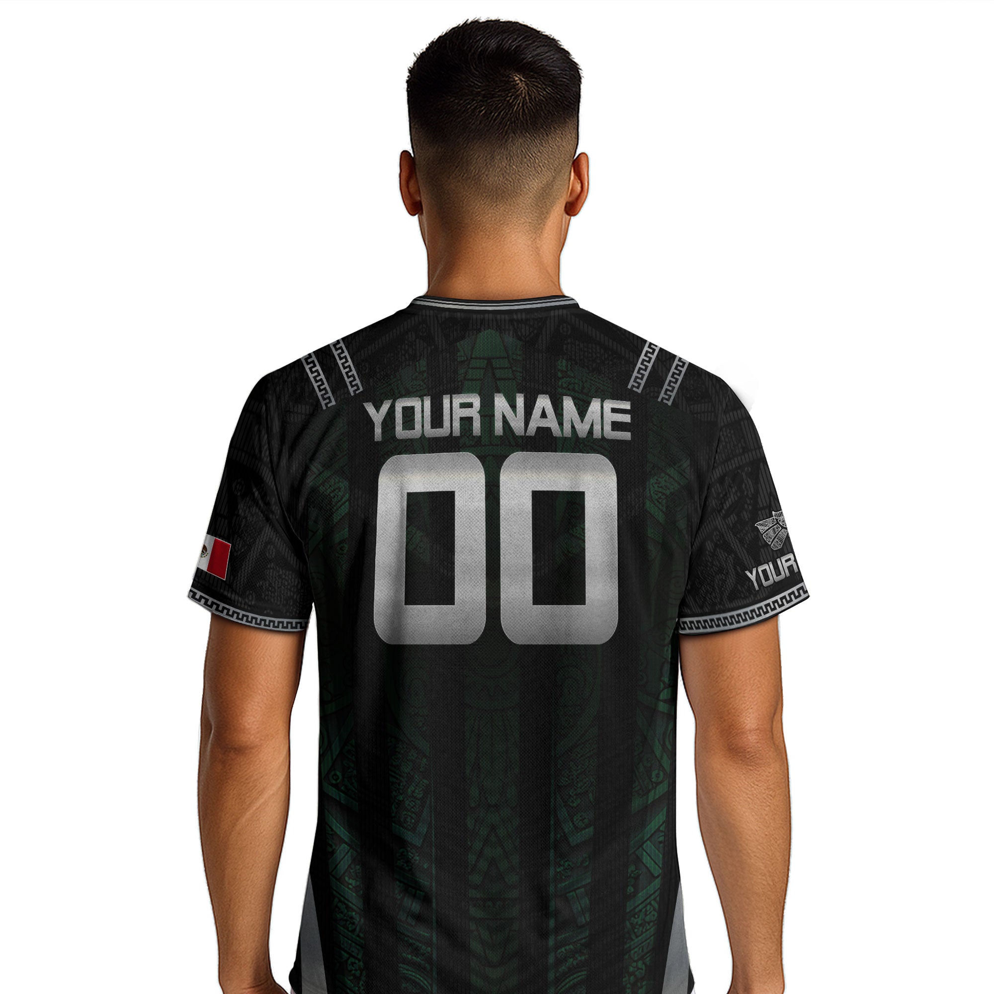 Camiseta de fútbol premium con emblema de águila azteca verde y dorado de México