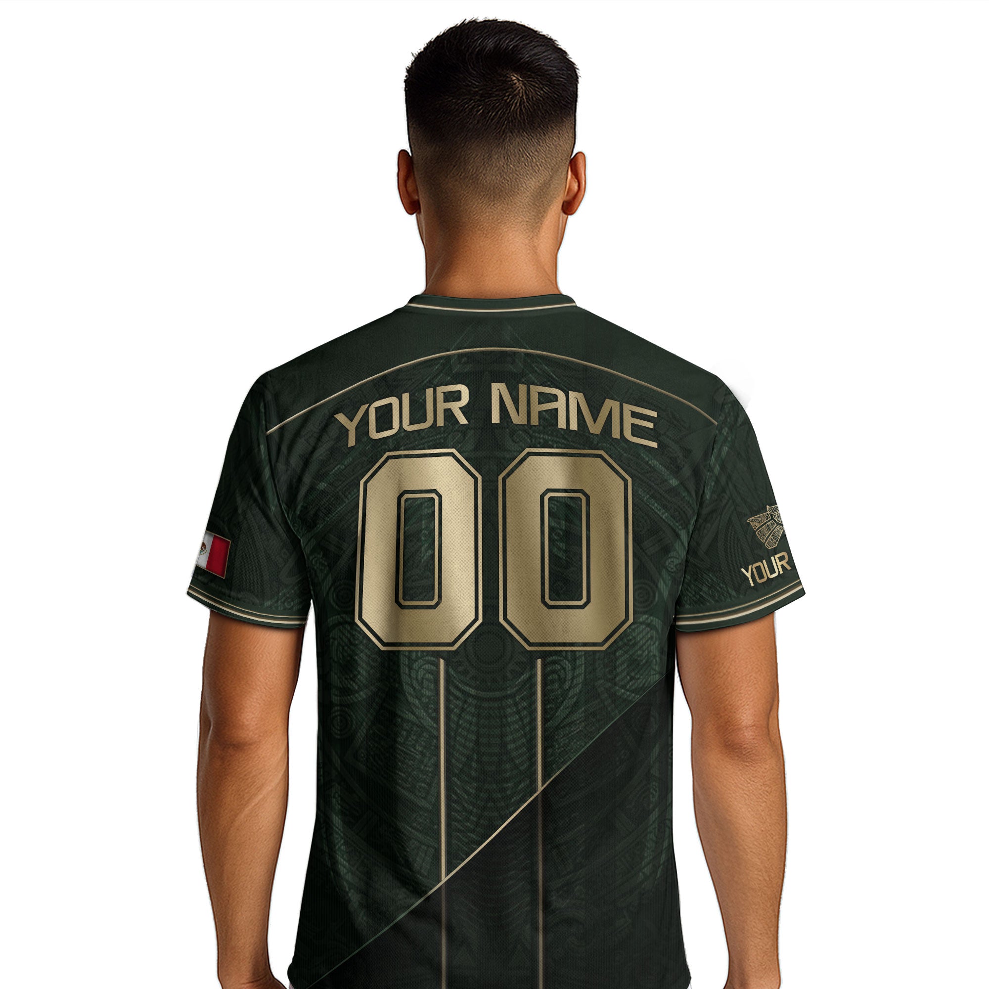 Camiseta de fútbol premium con emblema de águila azteca verde y dorado de México