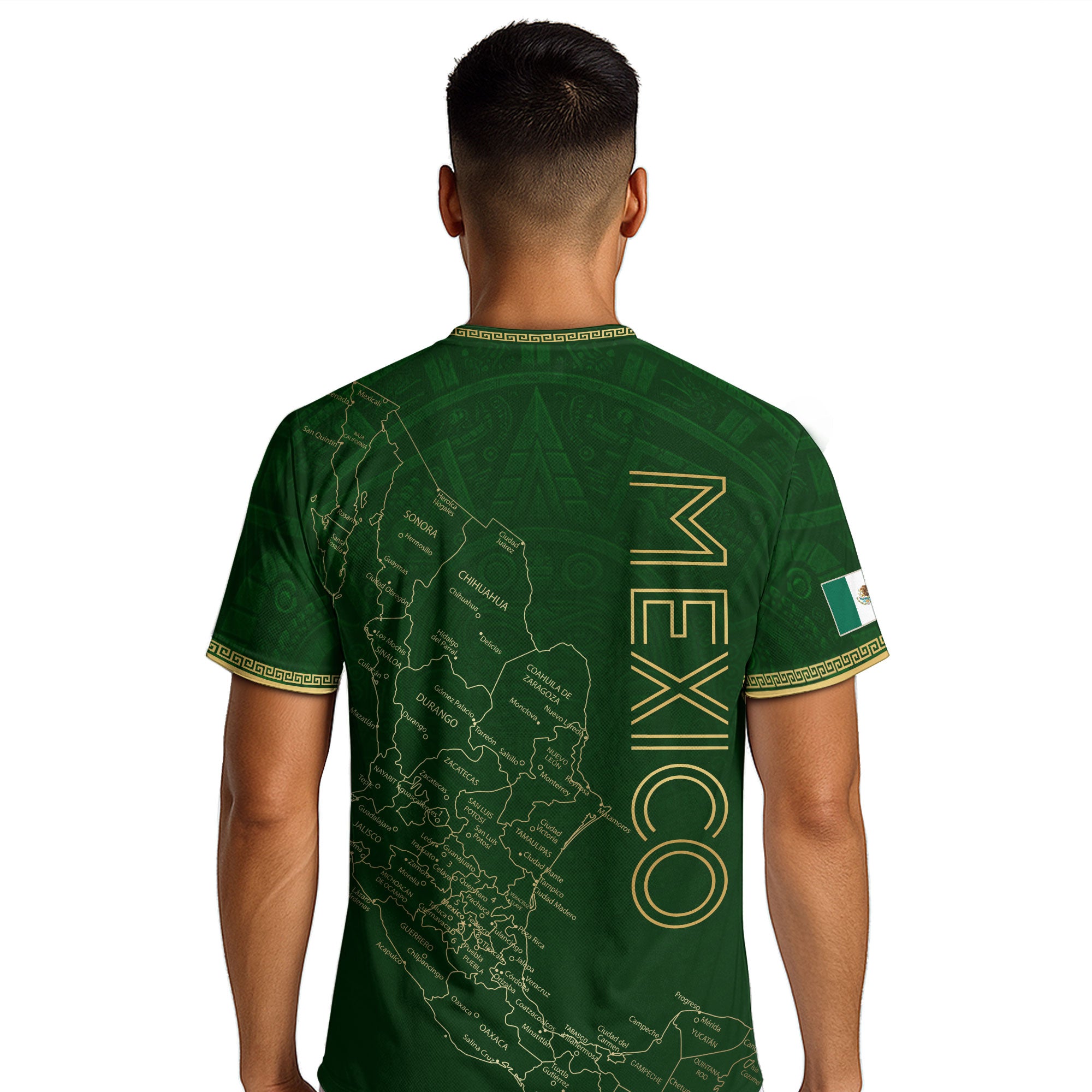 Camiseta de fútbol premium con emblema de águila azteca verde y dorado de México