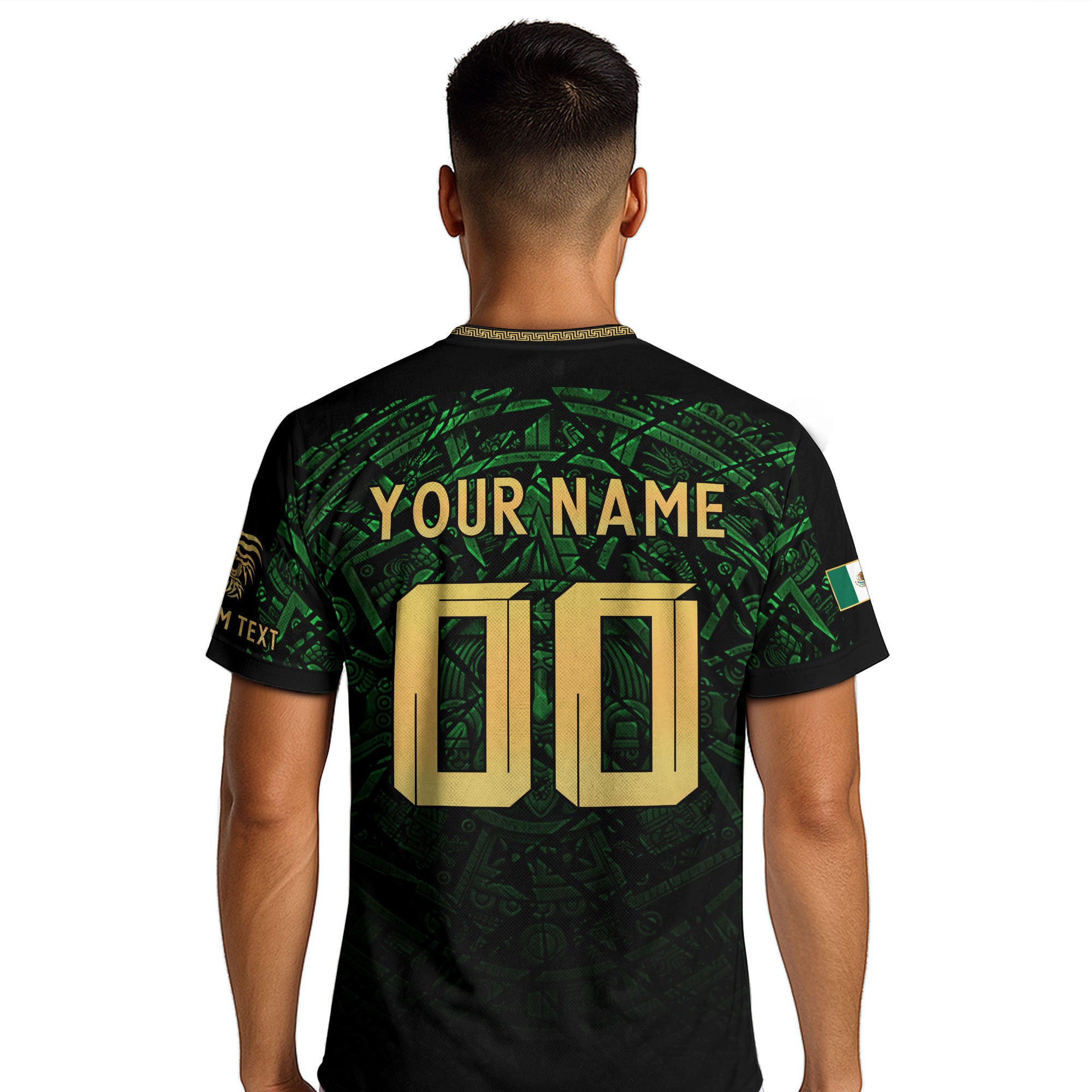 Custom Mexico Soccer Jersey – Green Aztec Calendar Pattern Black Football Shirt