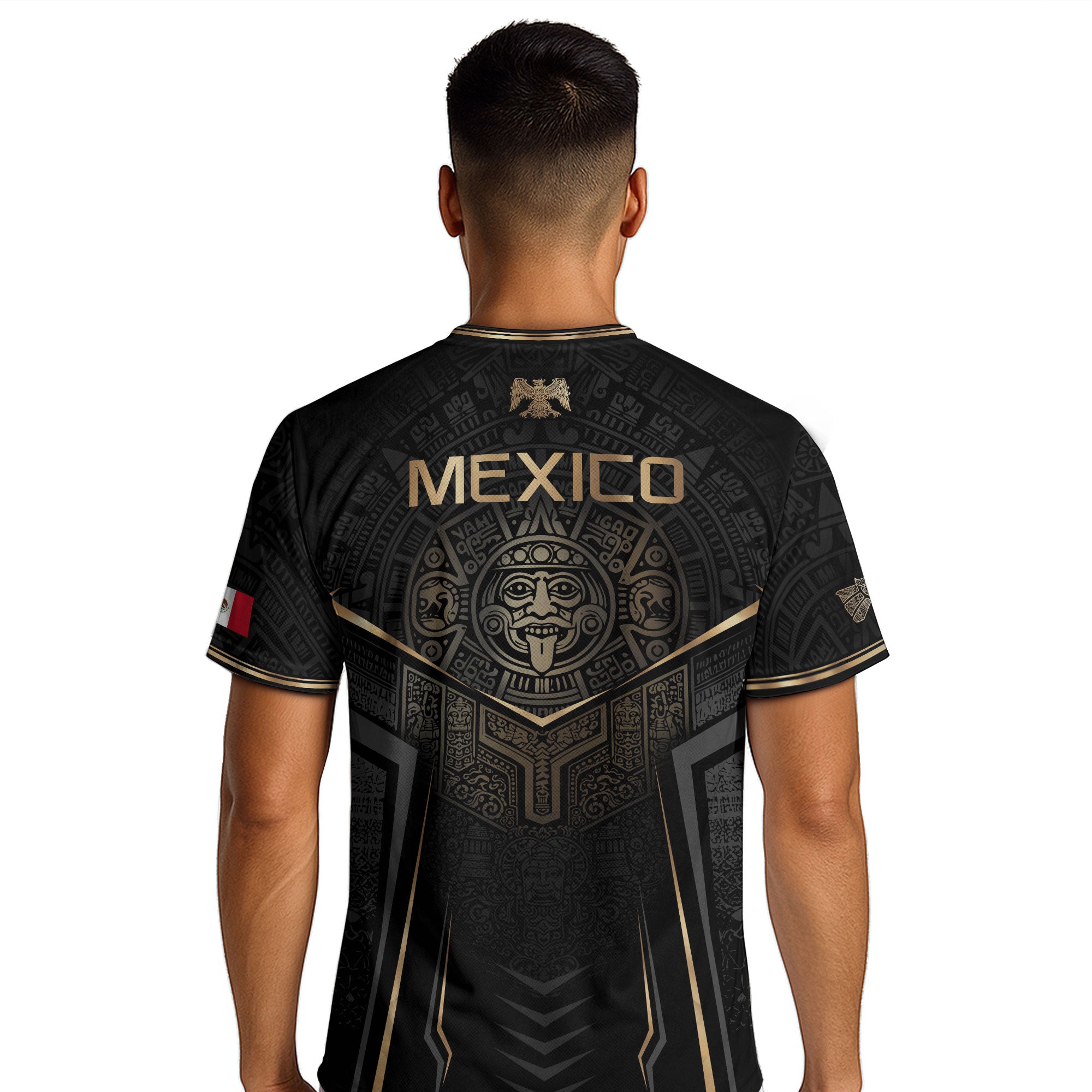 Camiseta de fútbol premium con emblema de águila azteca verde y dorado de México