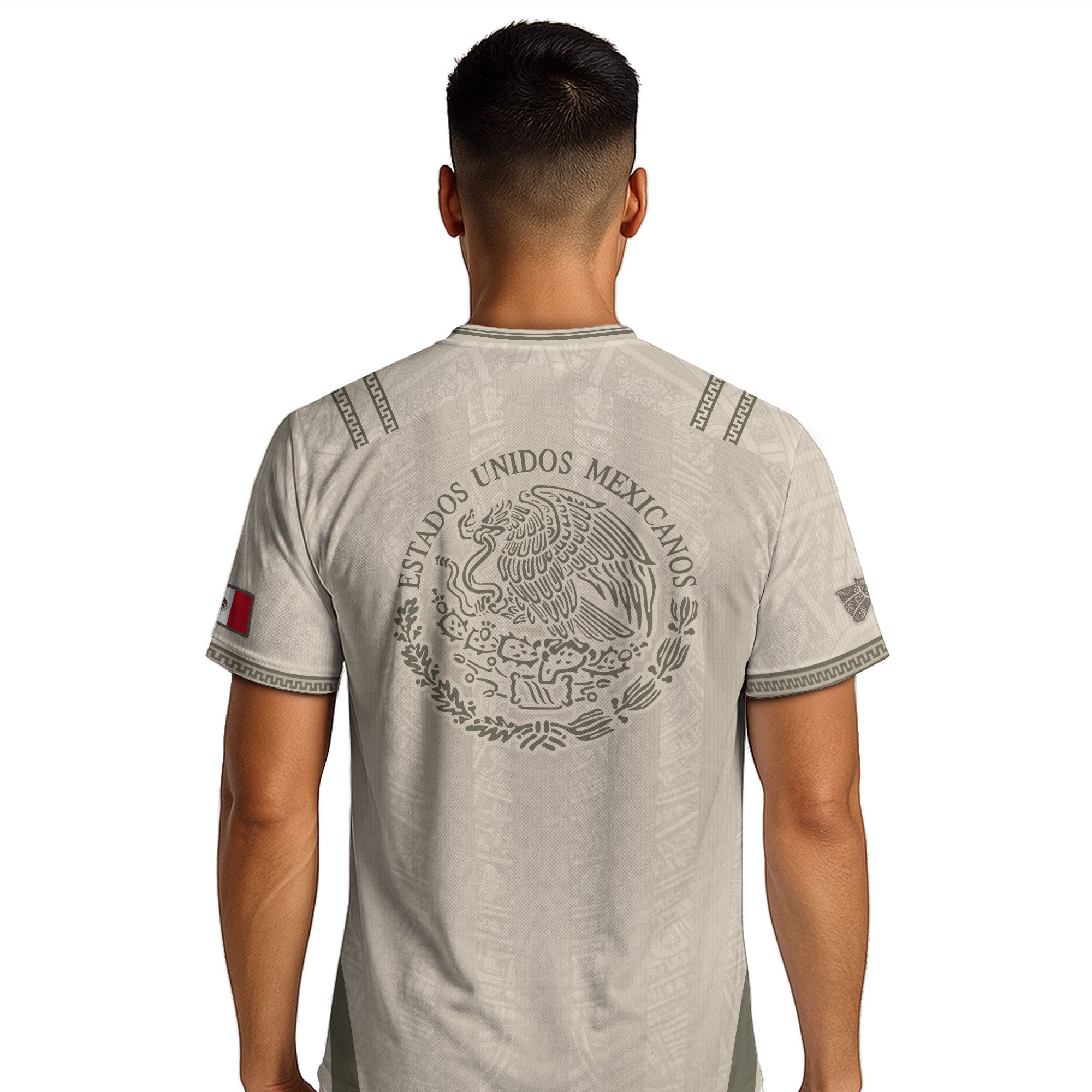 Camiseta de fútbol premium con emblema de águila azteca verde y dorado de México