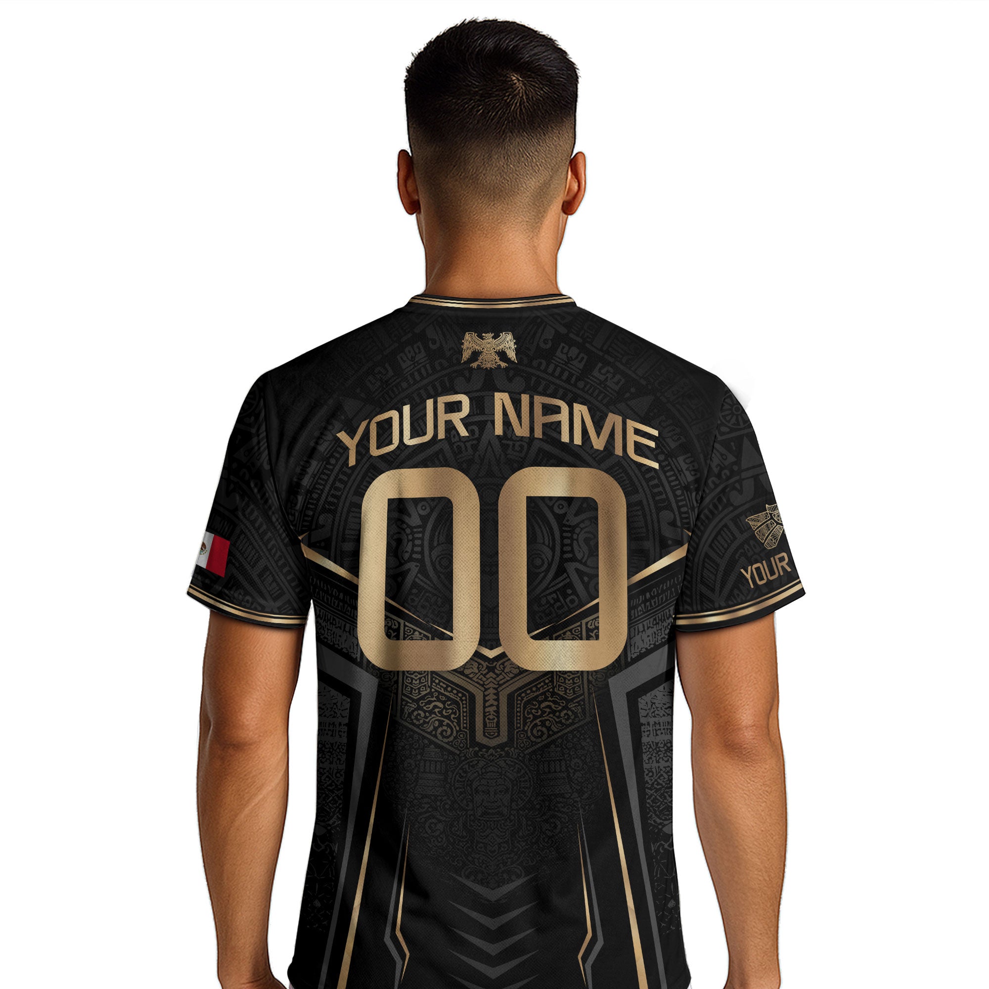 Camiseta de fútbol premium con emblema de águila azteca verde y dorado de México