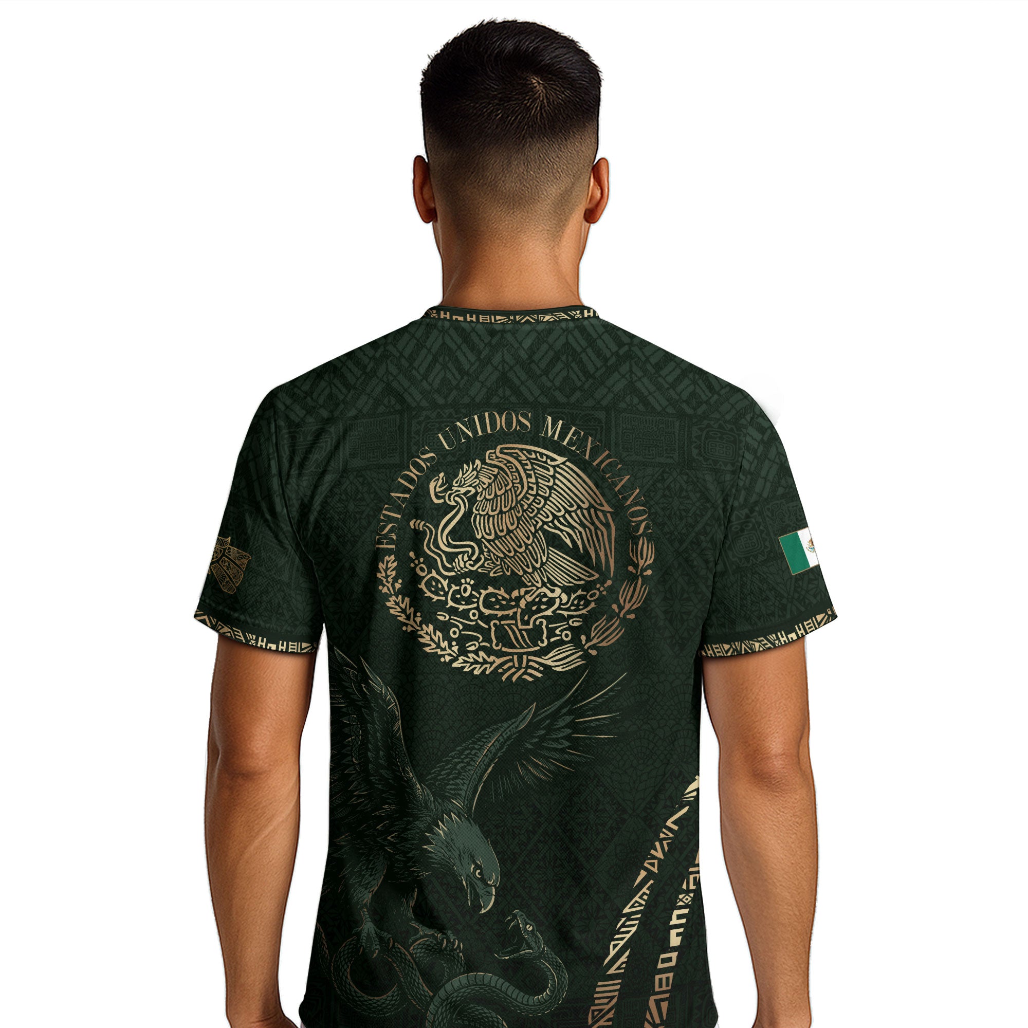 Camiseta de fútbol premium con emblema de águila azteca verde y dorado de México