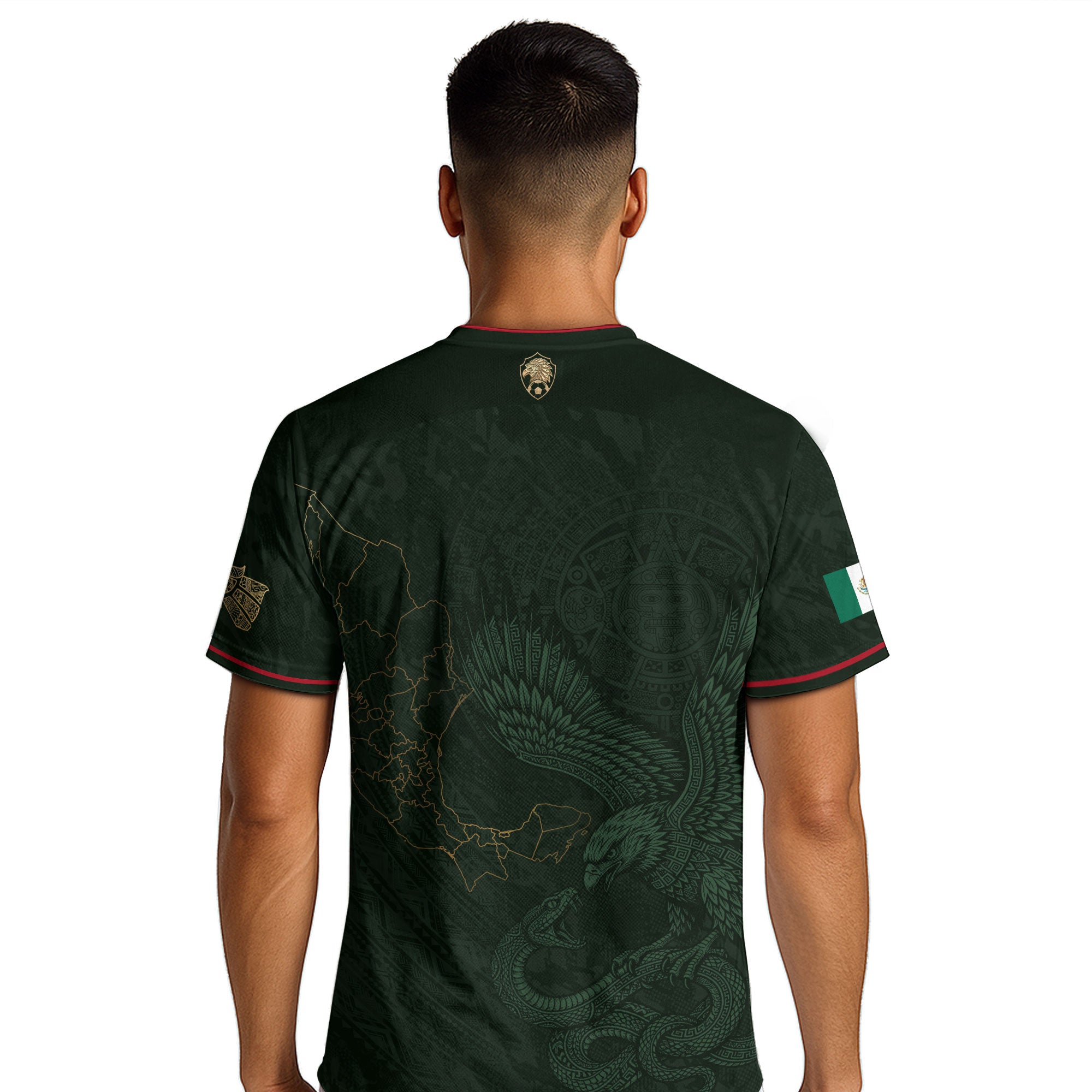 Camiseta de fútbol premium con emblema de águila azteca verde y dorado de México