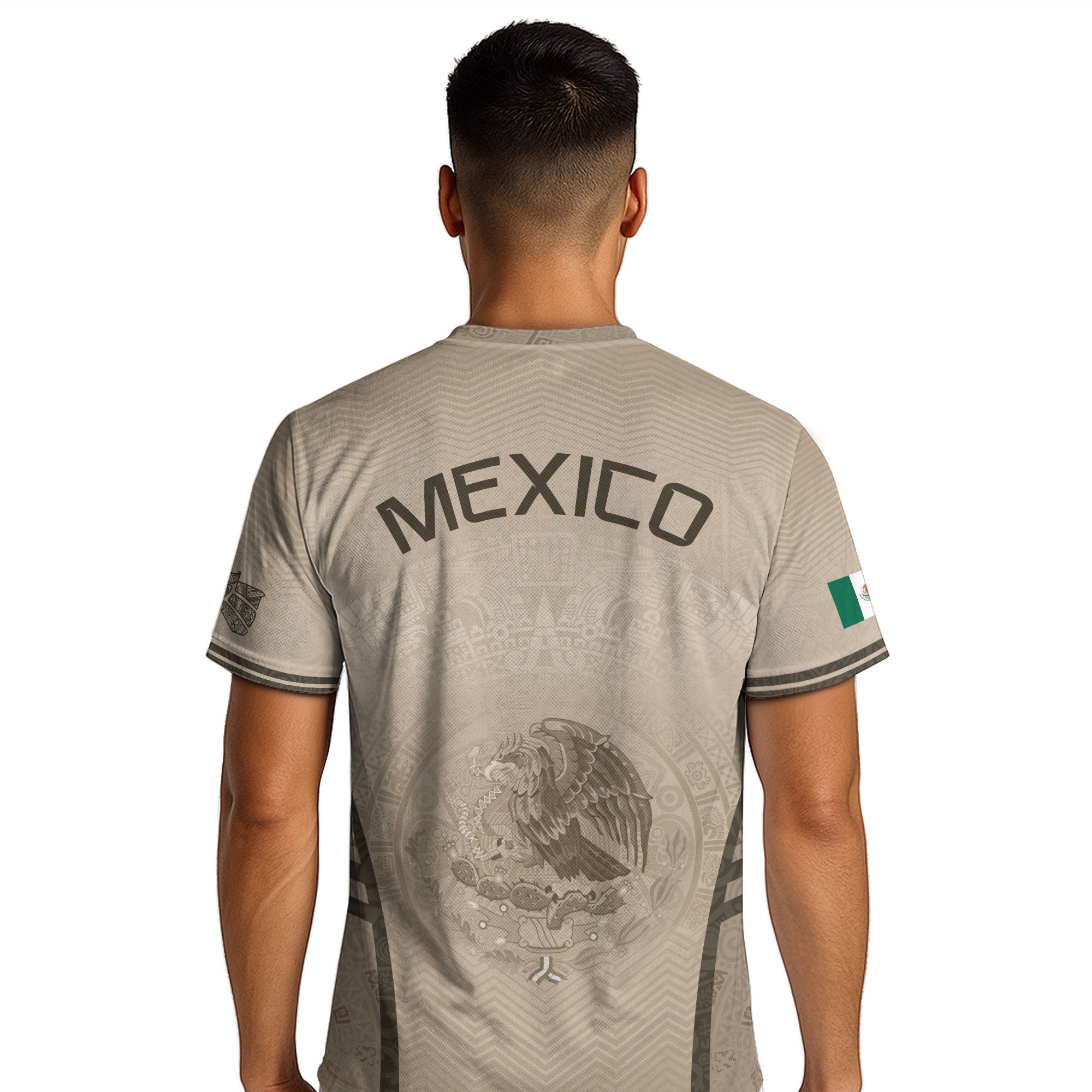 Camiseta de fútbol premium con emblema de águila azteca verde y dorado de México