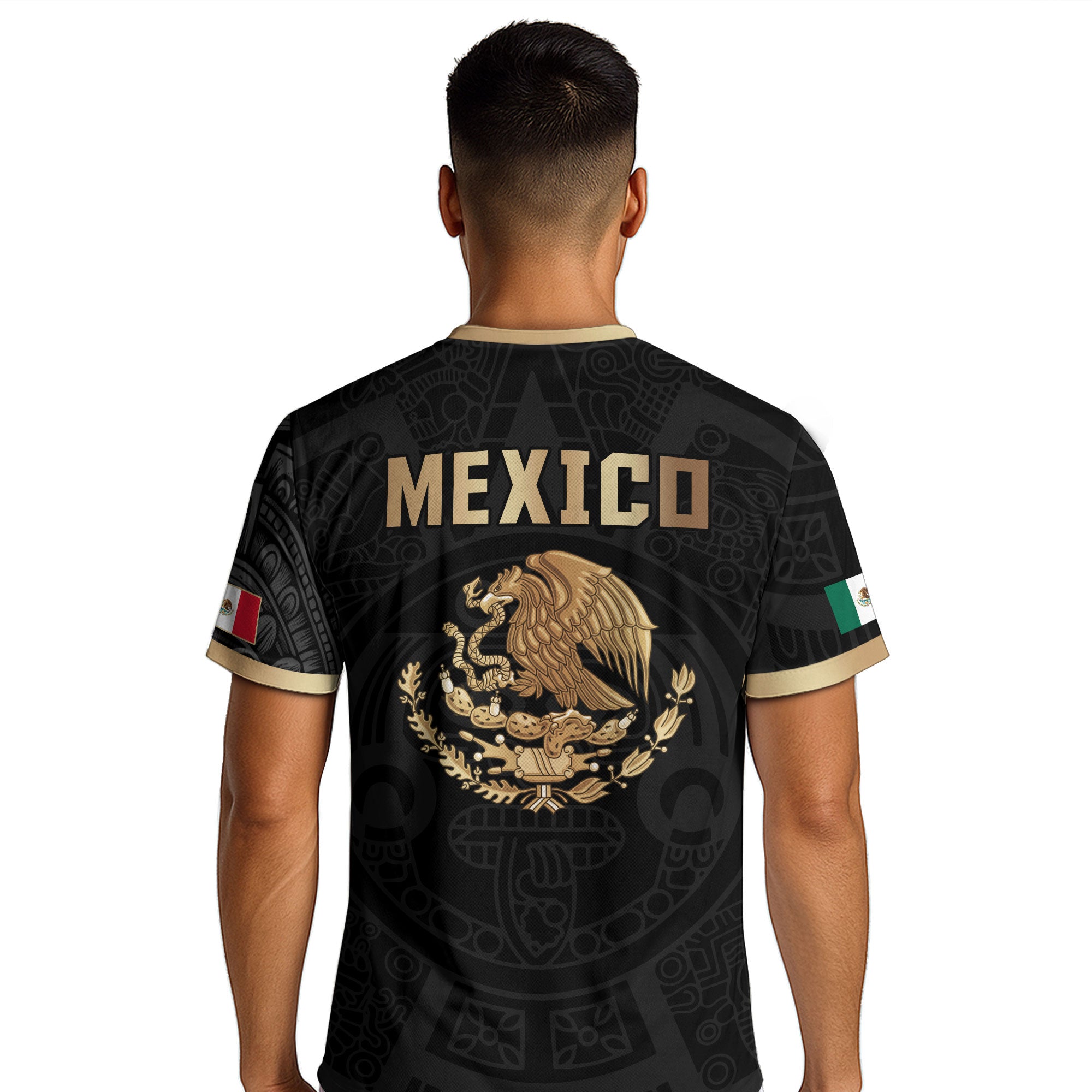 Camiseta de fútbol de la herencia del guerrero azteca del águila dorada negra de México