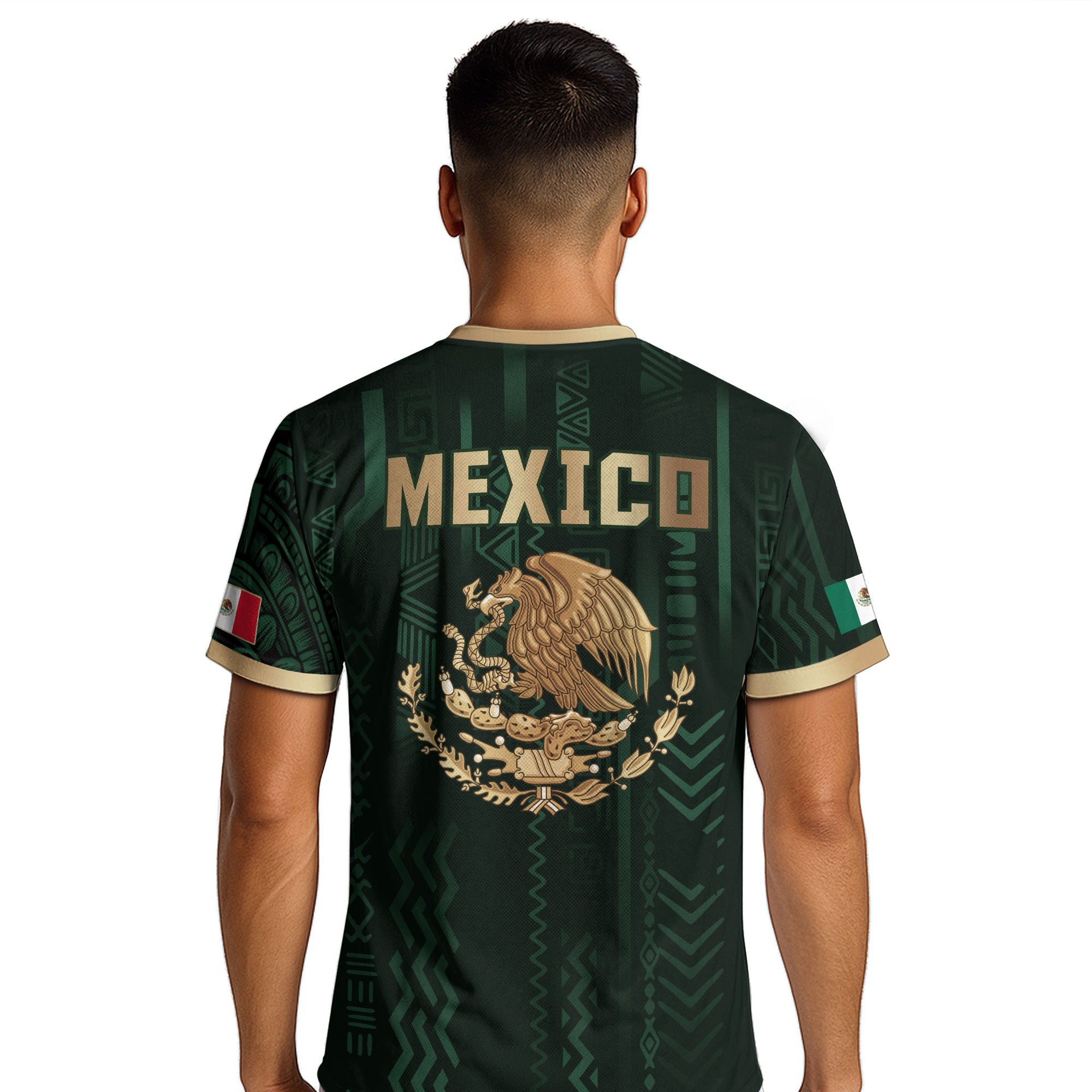 Camiseta de fútbol de la herencia del guerrero azteca del águila dorada negra de México