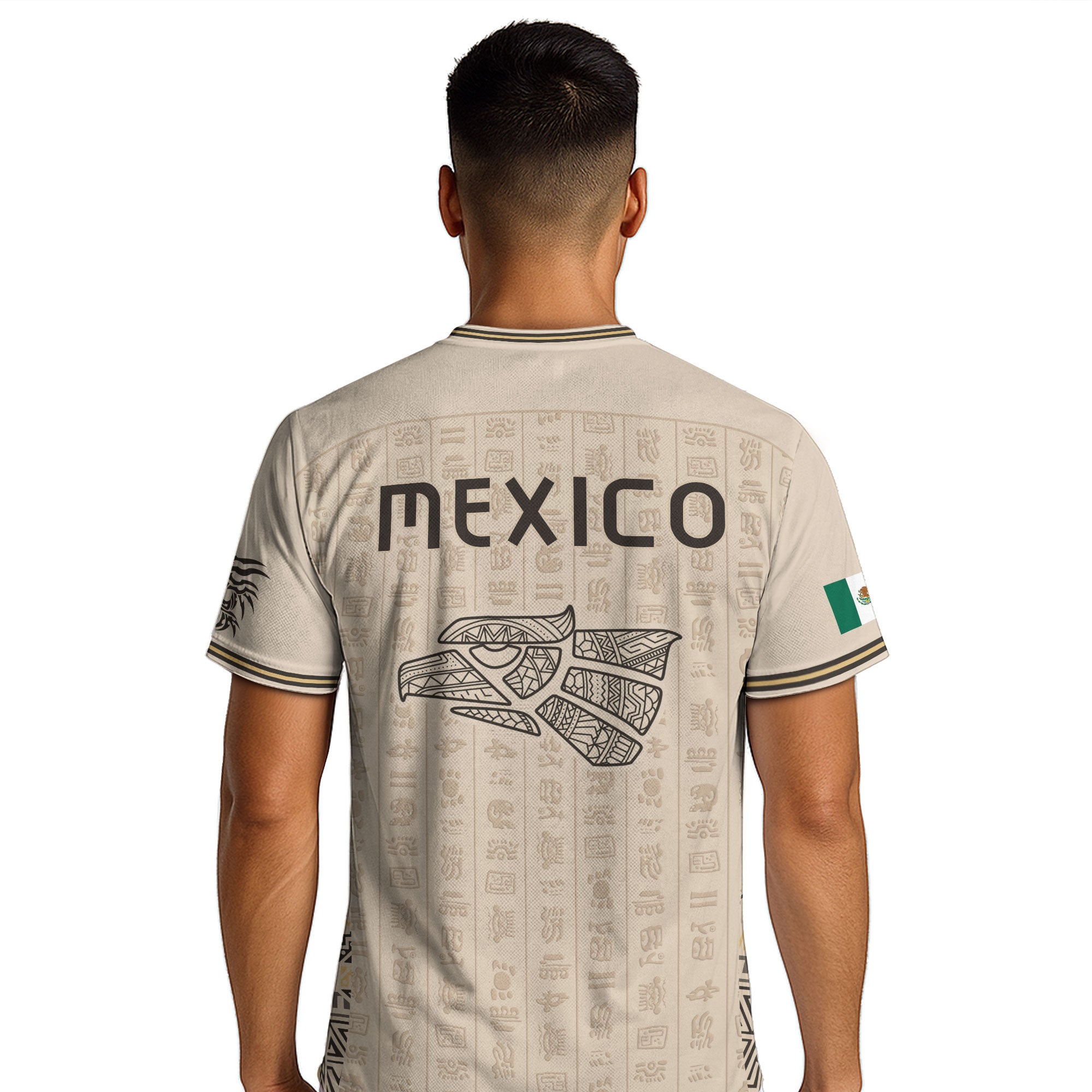 Camiseta de fútbol premium con emblema de águila azteca verde y dorado de México