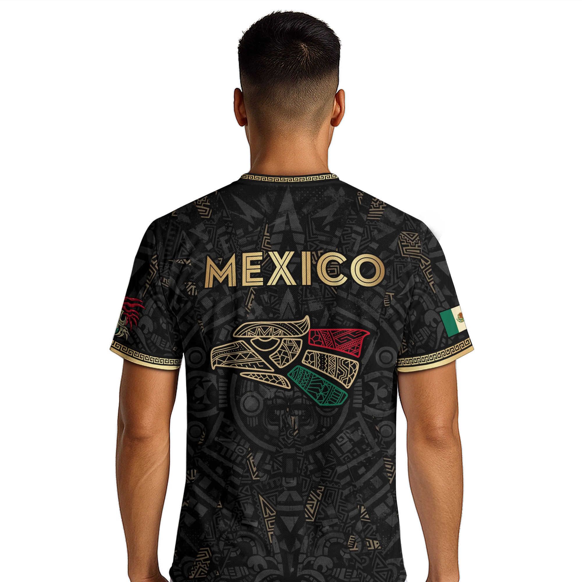 Camiseta de fútbol premium con emblema de águila azteca verde y dorado de México