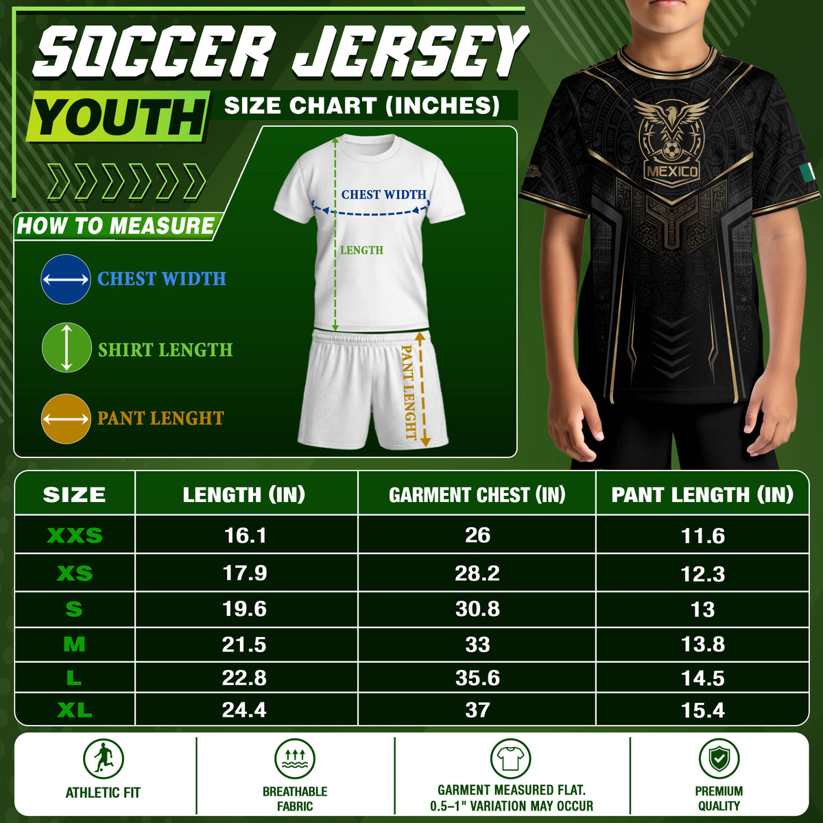 Mexico Youth Soccer Jersey Set Aztec Graphic Kids Football Uniform Black Gold Sportswear