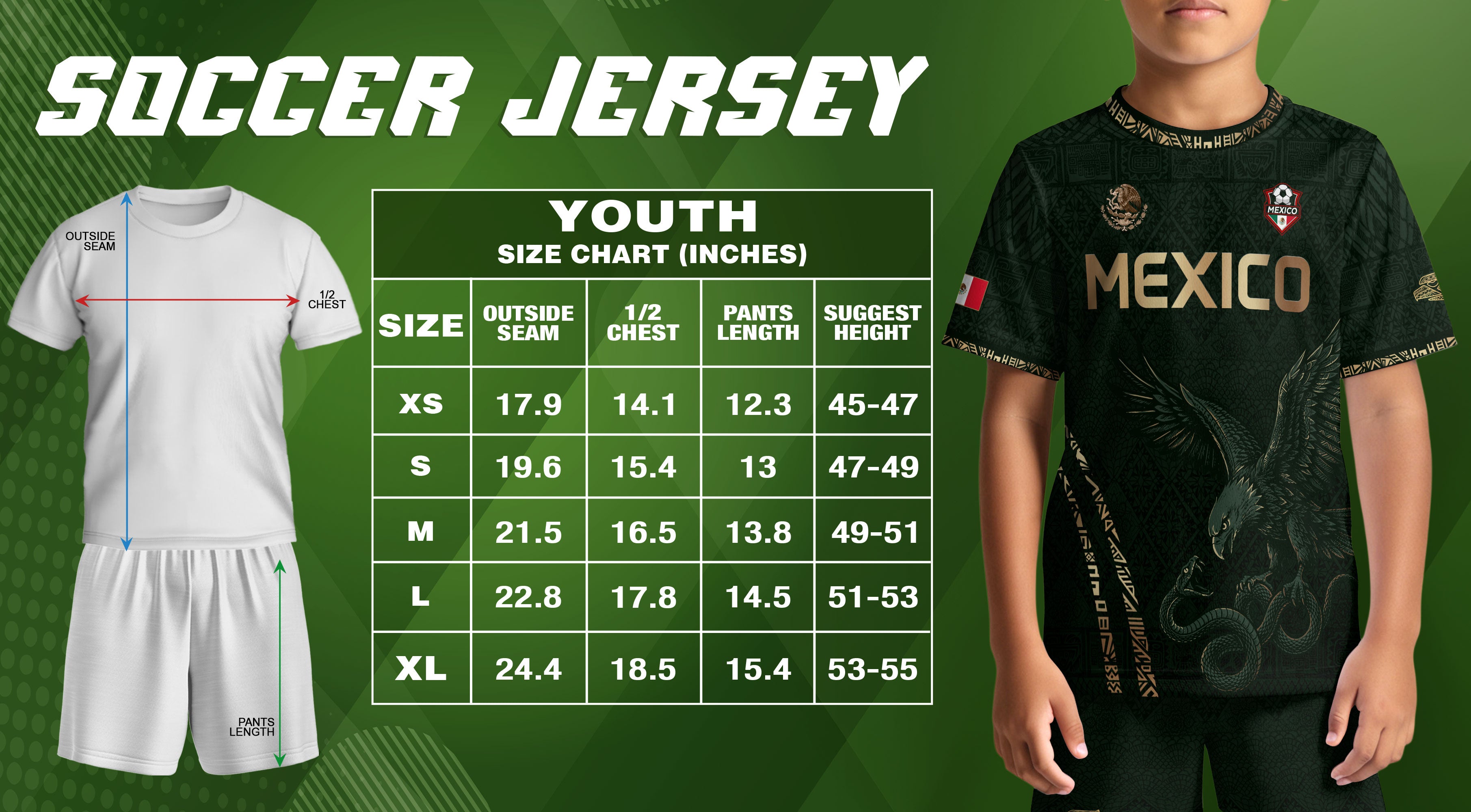 Mexico Soccer Jersey Kid Youth Aztec Eagle Dark Green Football Shirt Gift