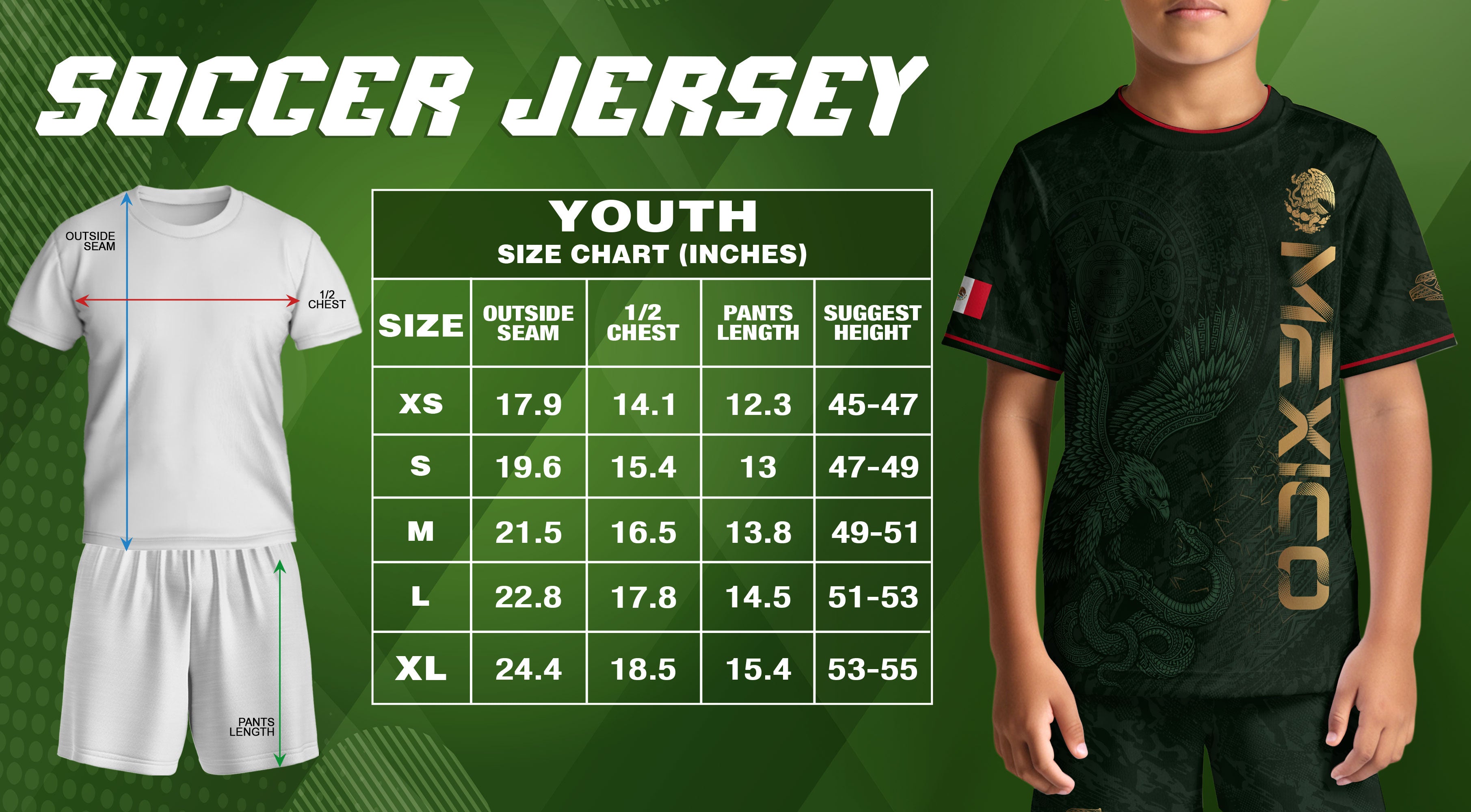 Mexico Kids Soccer Jersey Youth Green Gold Aztec Eagle Heritage Football Graphic Shirt