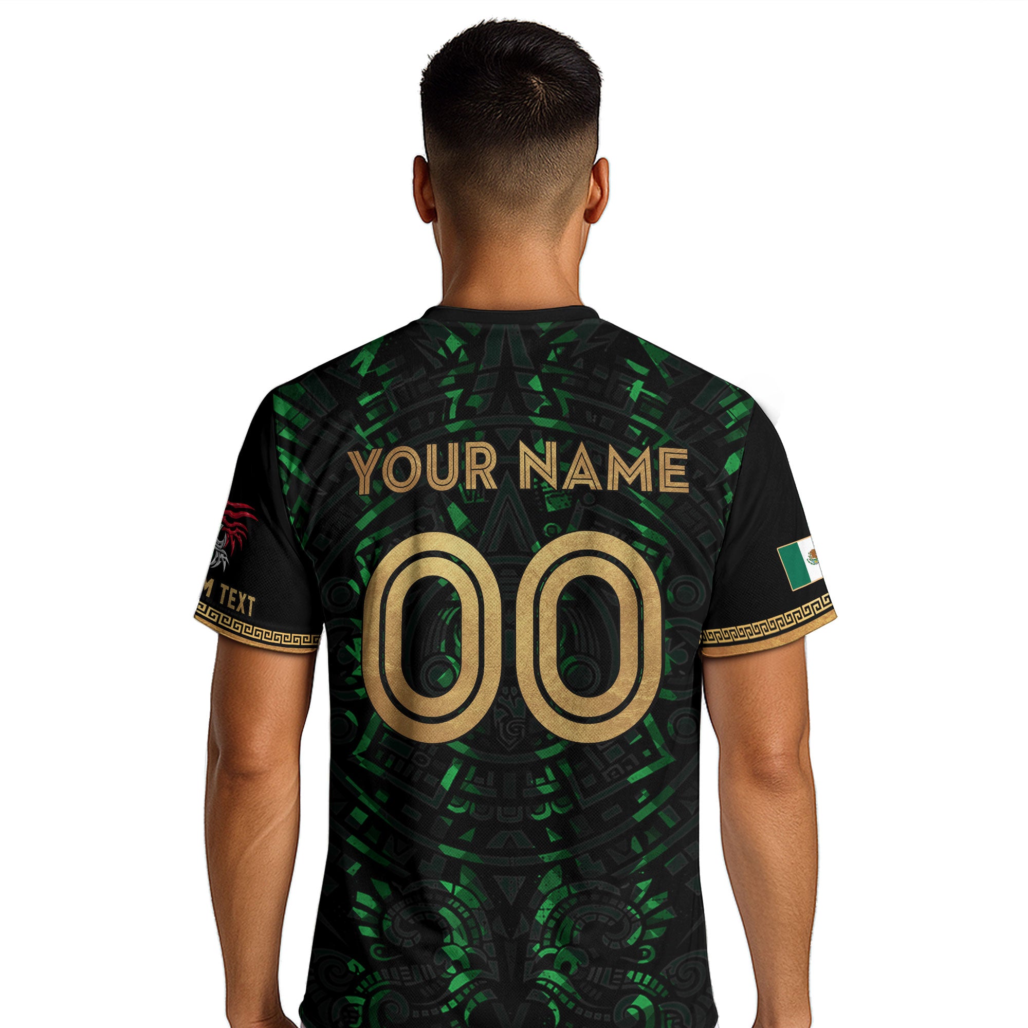 Camiseta de fútbol premium con emblema de águila azteca verde y dorado de México