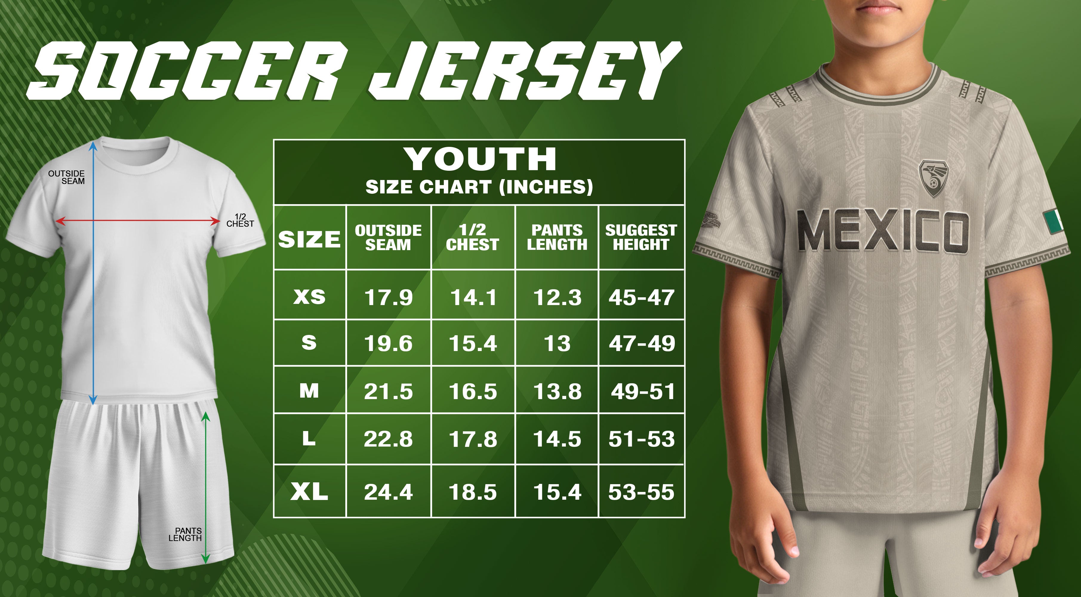 Mexico Youth Soccer Jersey Aztec Style Kids Football Shirt Vintage Breathable Sportswear