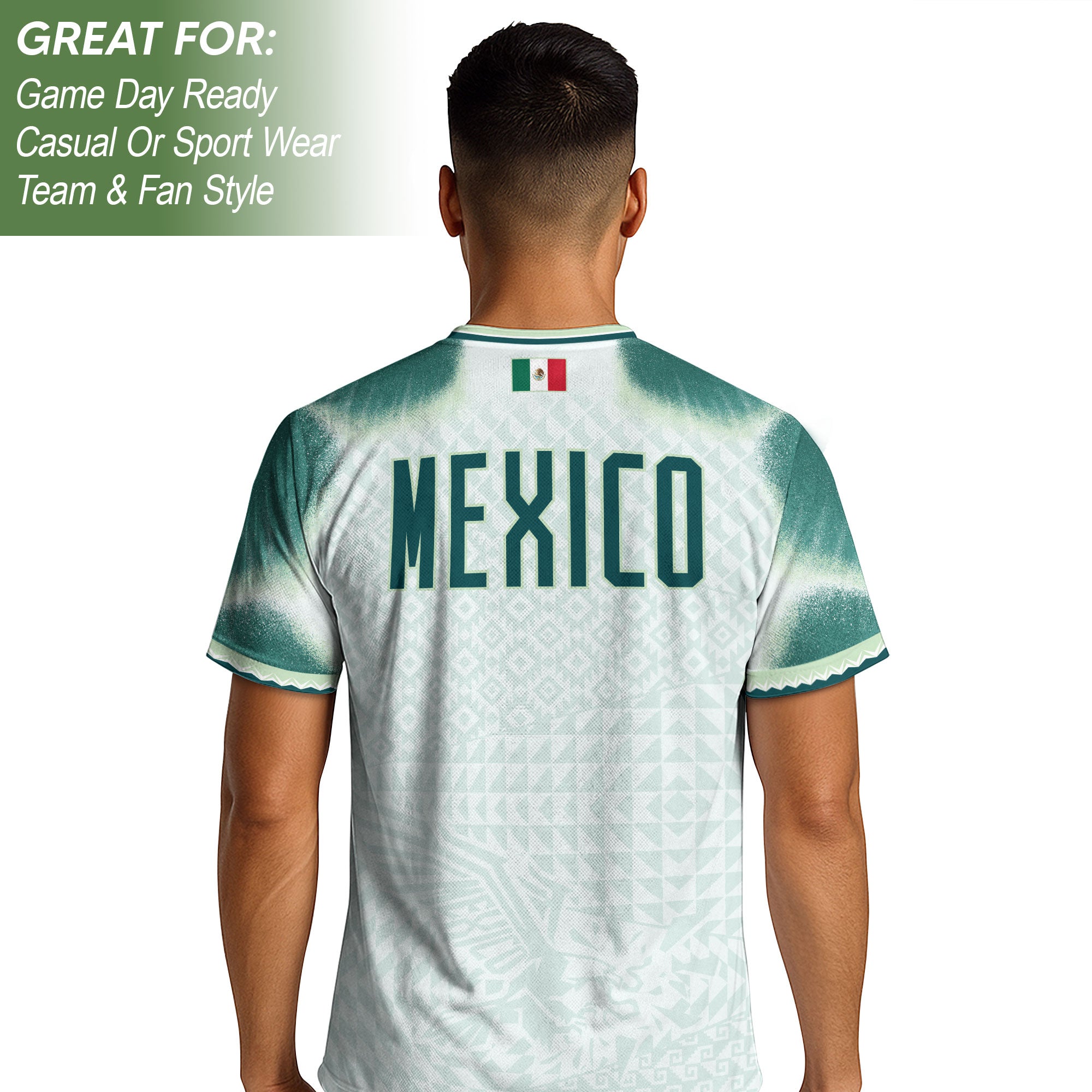 Camiseta de fútbol premium con emblema de águila azteca verde y dorado de México