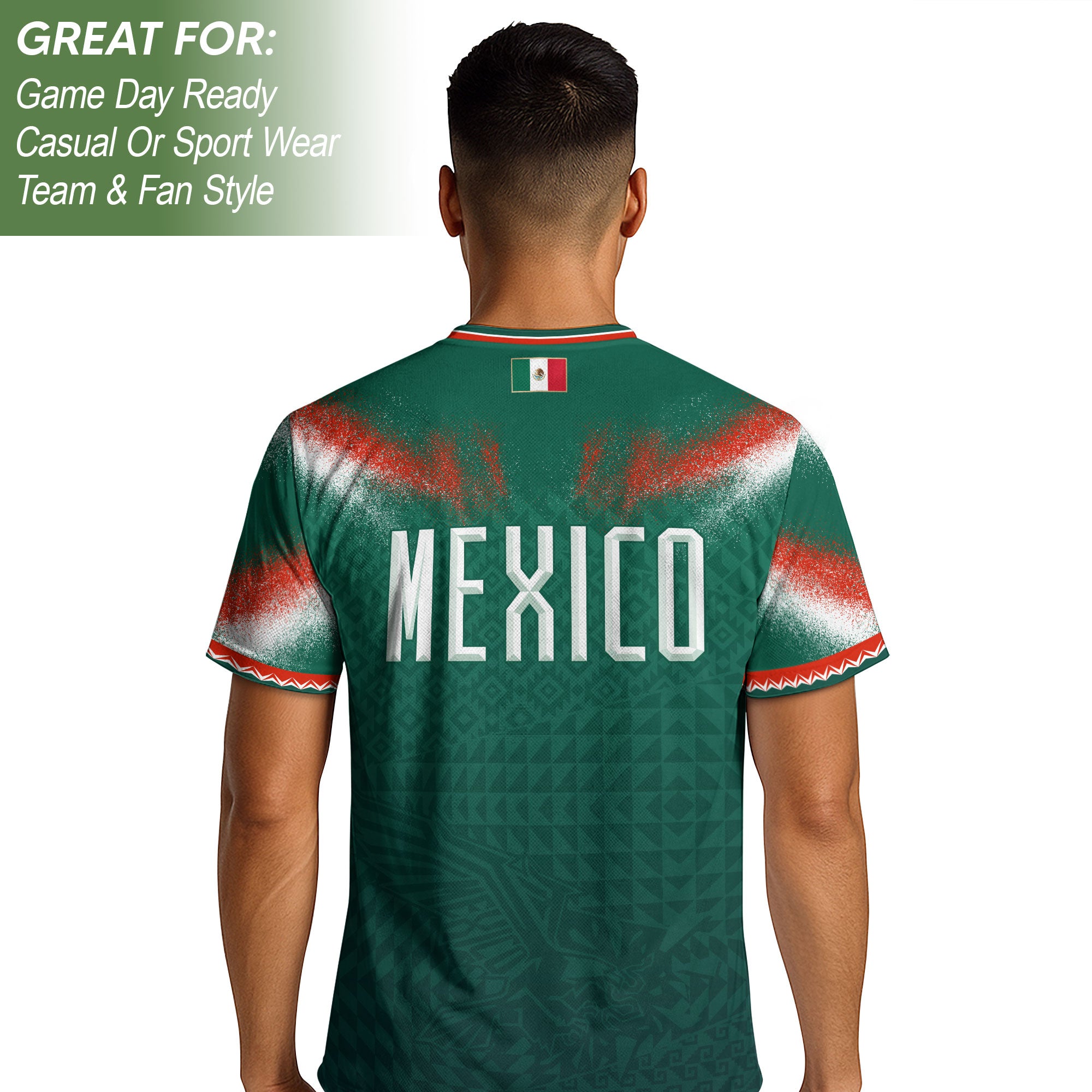 Camiseta de fútbol premium con emblema de águila azteca verde y dorado de México