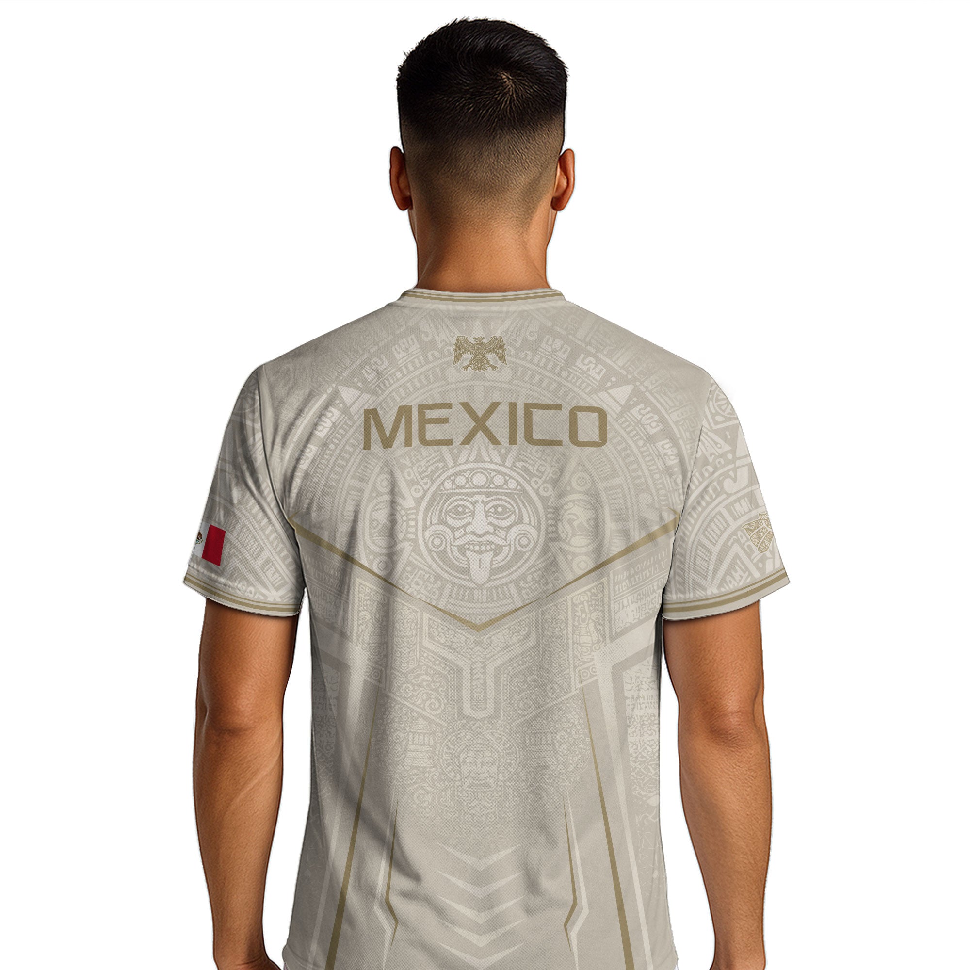 Camiseta de fútbol premium con emblema de águila azteca verde y dorado de México