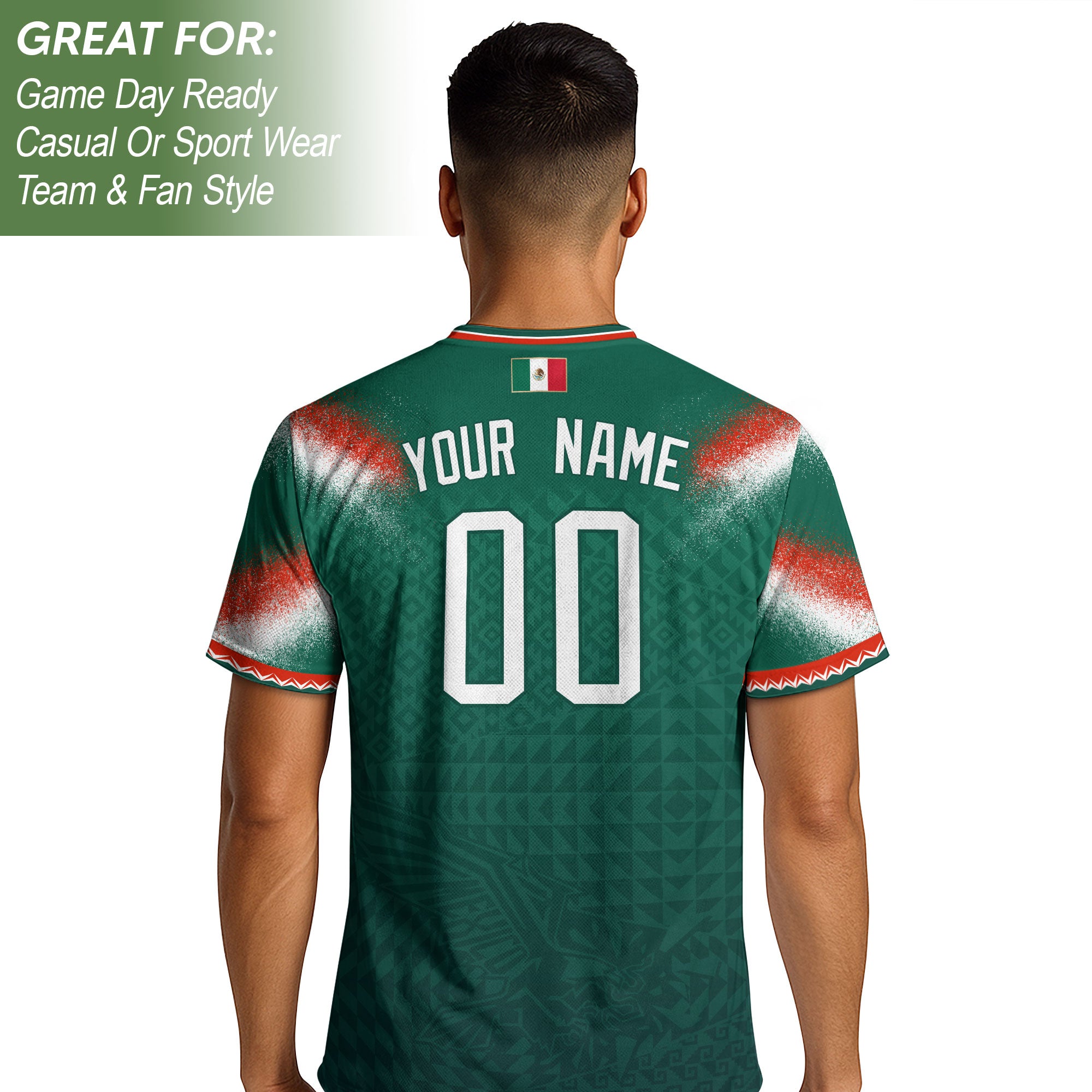Camiseta de fútbol premium con emblema de águila azteca verde y dorado de México