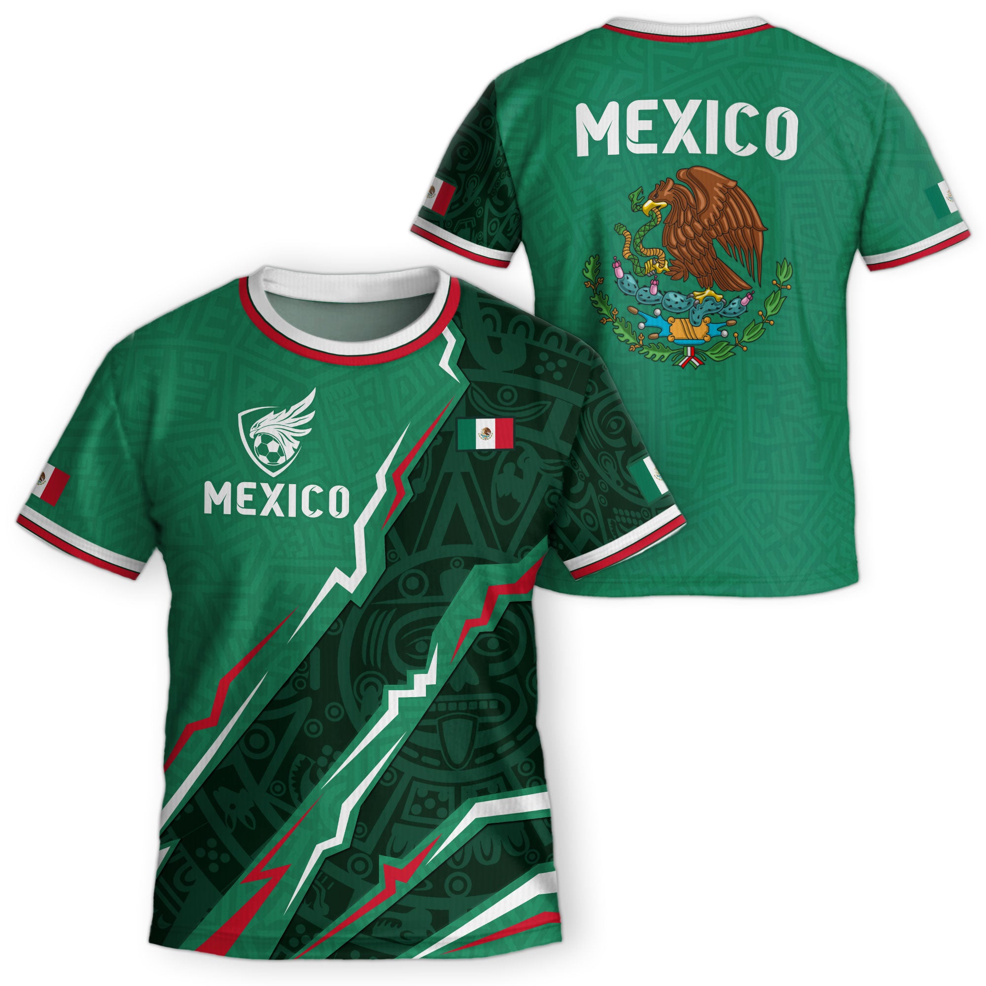 Camiseta de fútbol infantil de México con diseño de escudo con patrón azteca verde