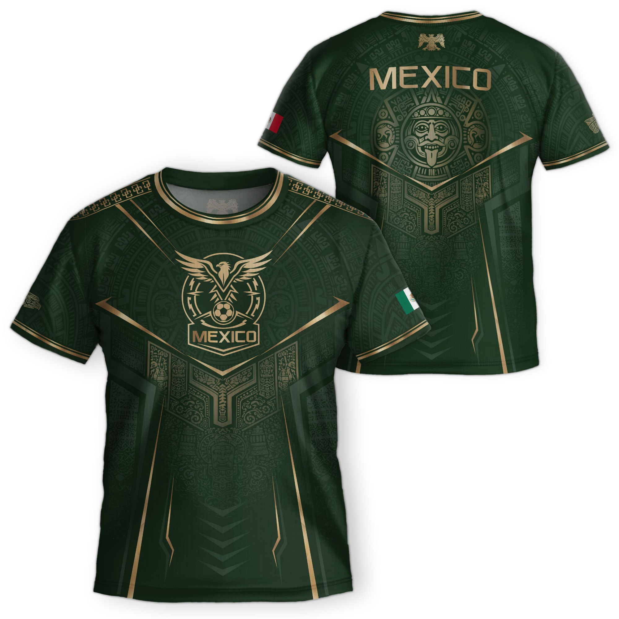 Mexico Soccer Jersey Youth Green Gold Eagle Shield Warrior Culture Print Football Shirt