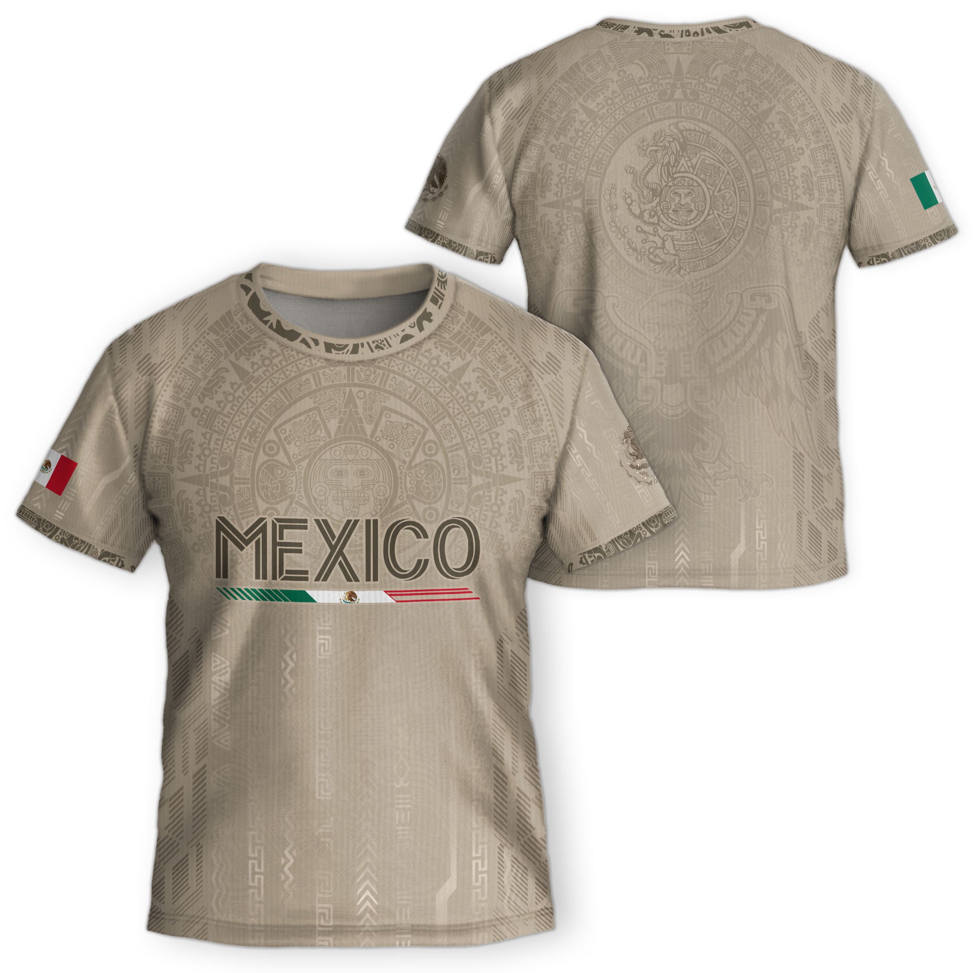 Mexico Soccer Jersey Kid Youth Aztec Calendar Beige Football Shirt Set