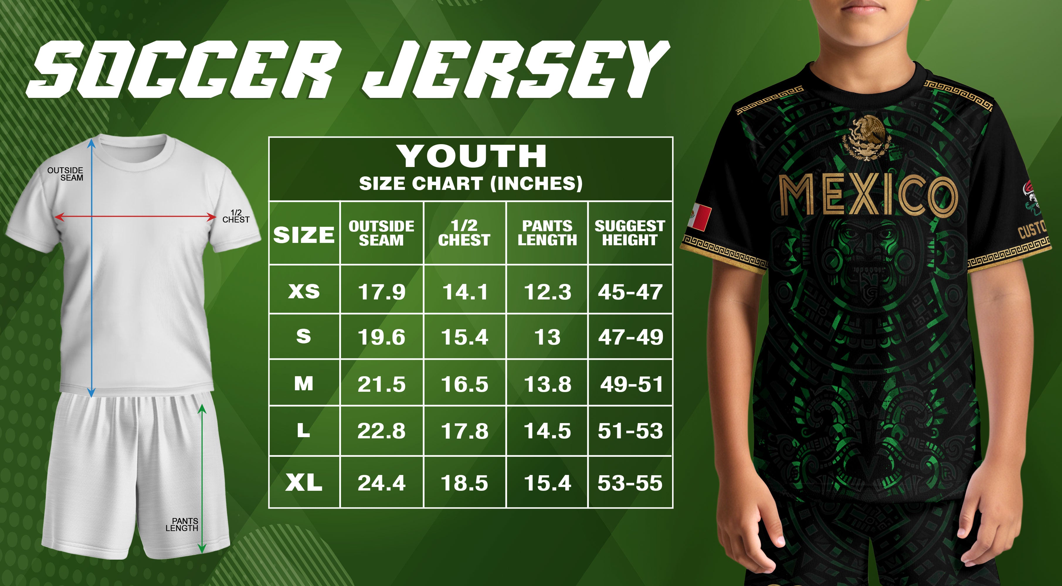 Custom Kid Mexico Soccer Jersey Black Green Design Tribal Pattern Sport Shirt