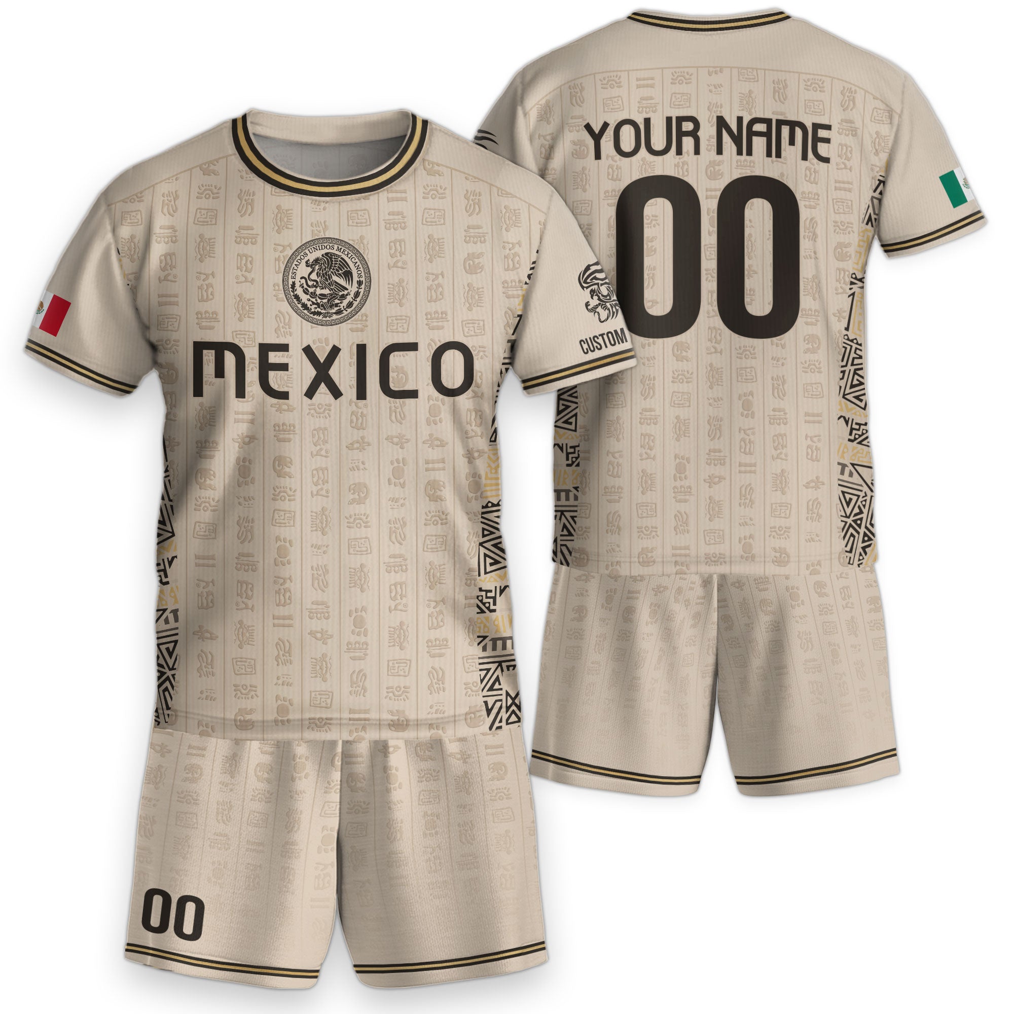 Custom Kid Mexico Soccer Jersey Sand Color Mayan Graphic Personalized Youth Top