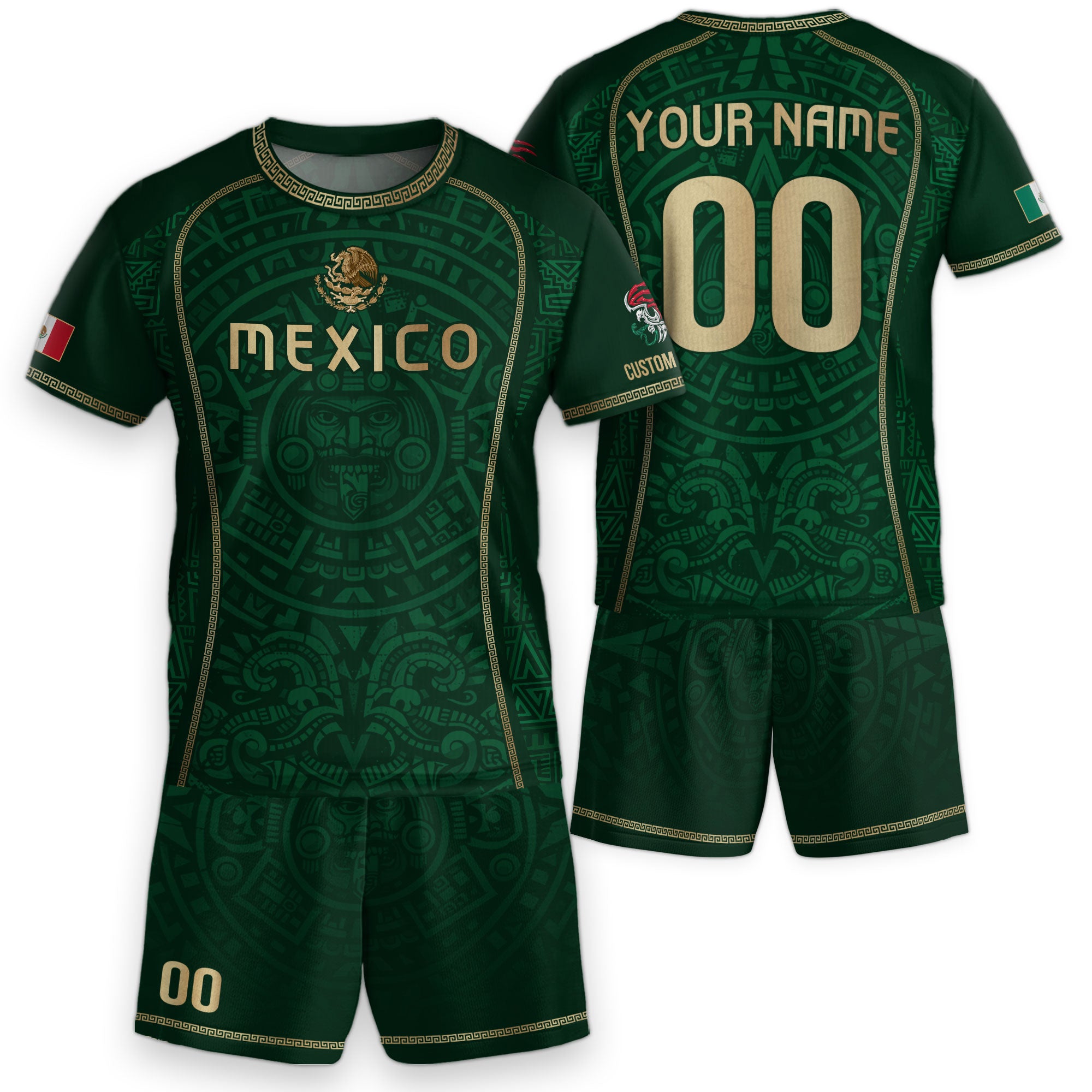 Custom Kid Mexico Soccer Jersey Green Edition Mayan Print Custom Name Youth Shirt