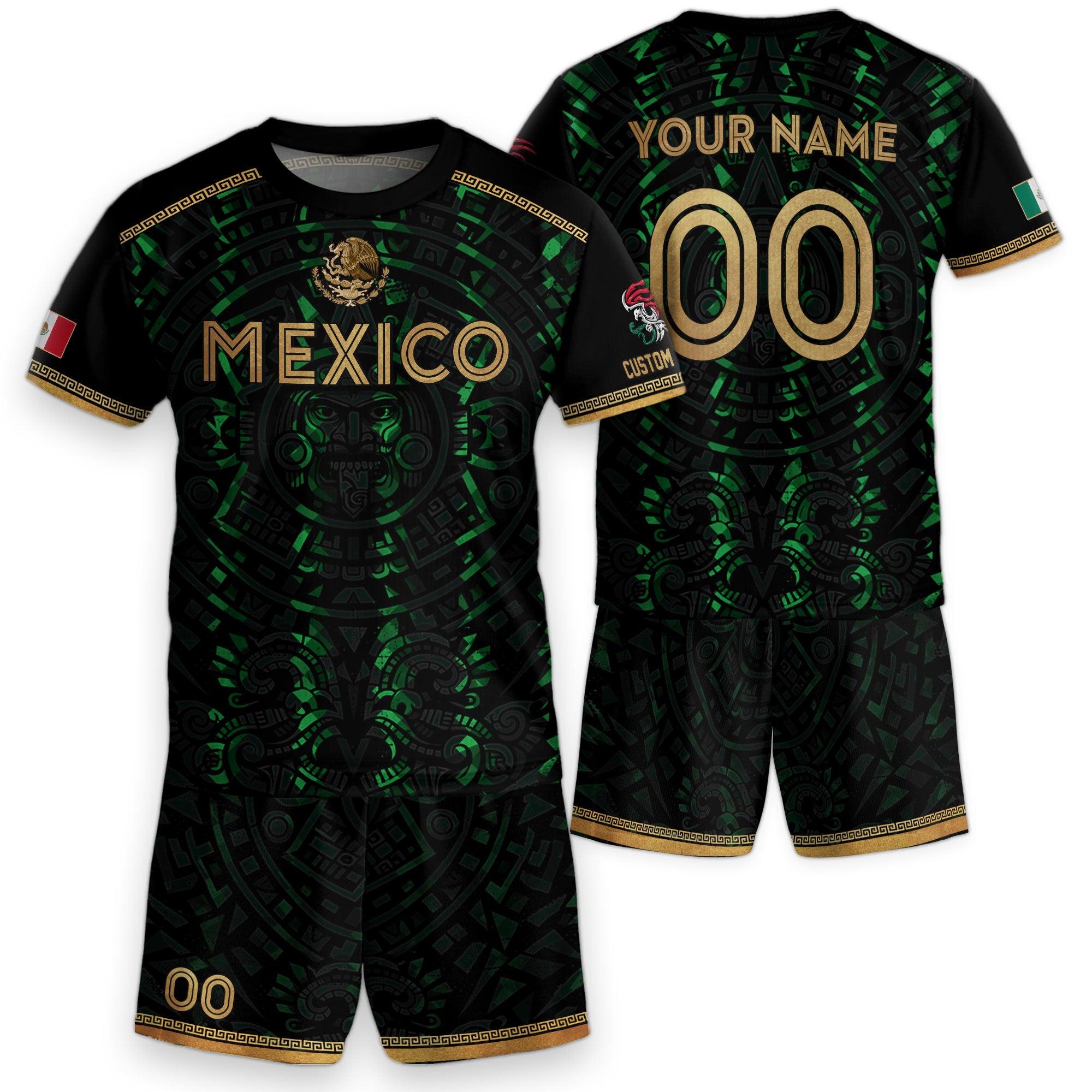 Custom Kid Mexico Soccer Jersey Black Green Design Tribal Pattern Sport Shirt