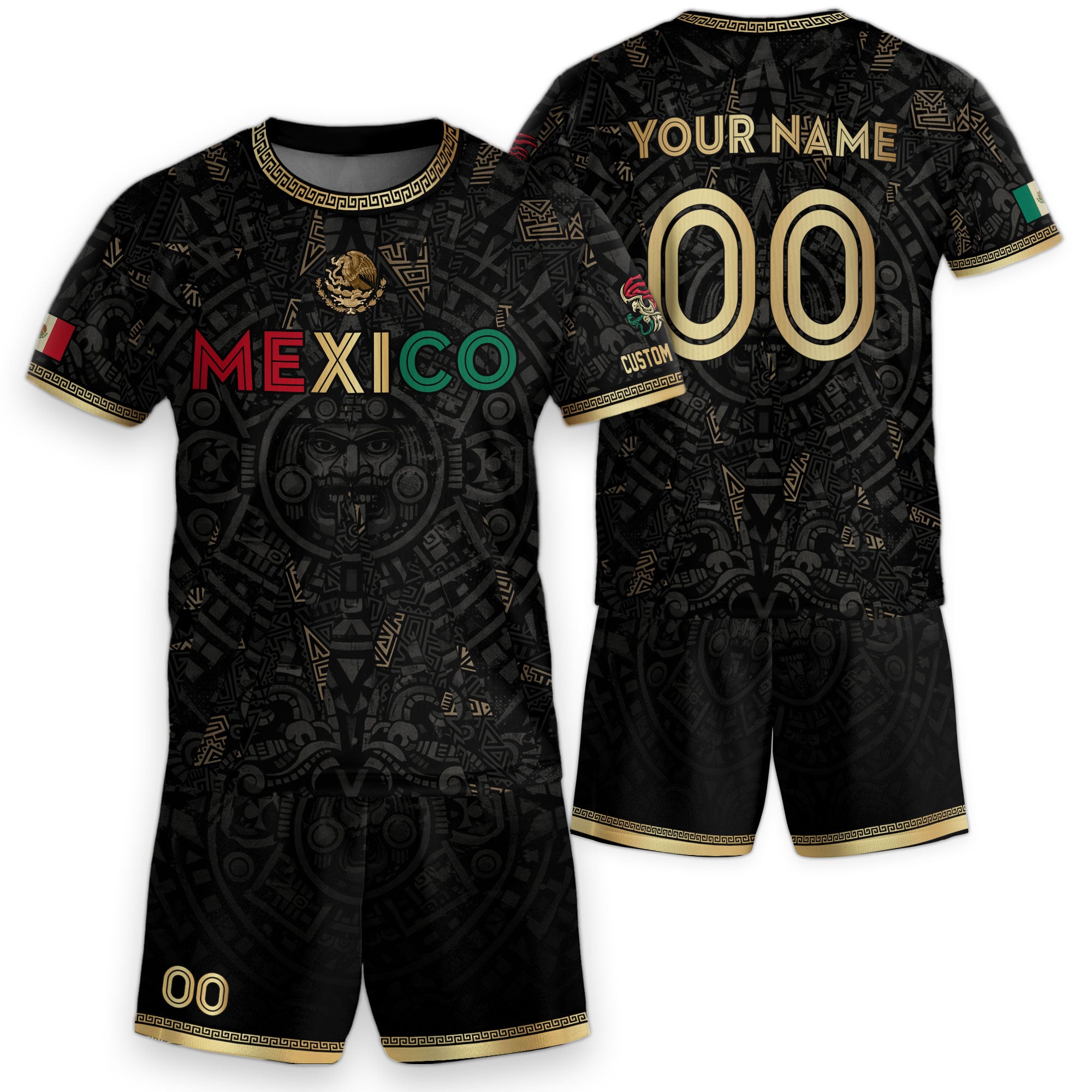 Custom Kid Mexico Soccer Jersey Black Gold Edition Mayan Print Custom Name Tee