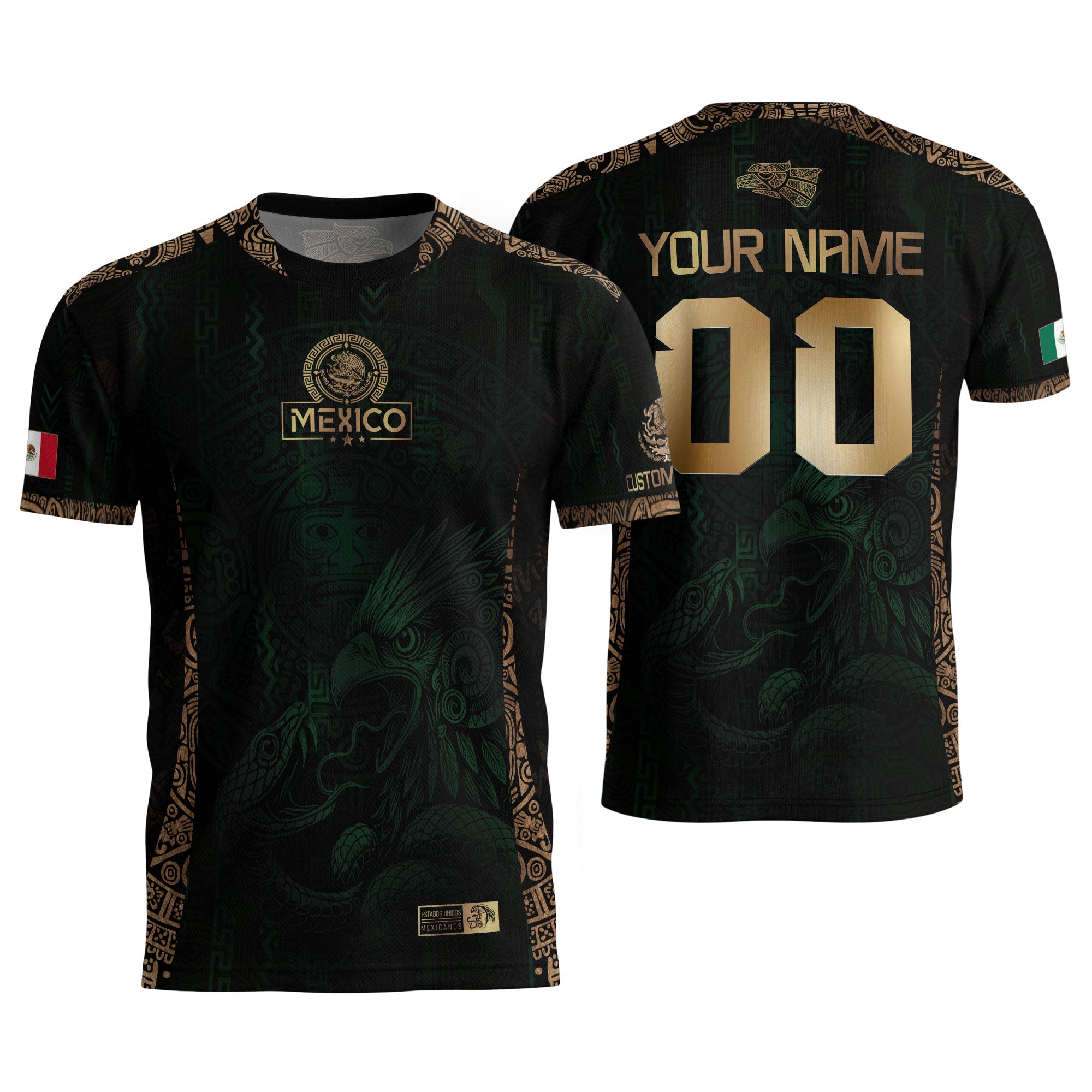 Custom Mexico Green Gold Soccer Jersey with Aztec Eagle Warrior Design