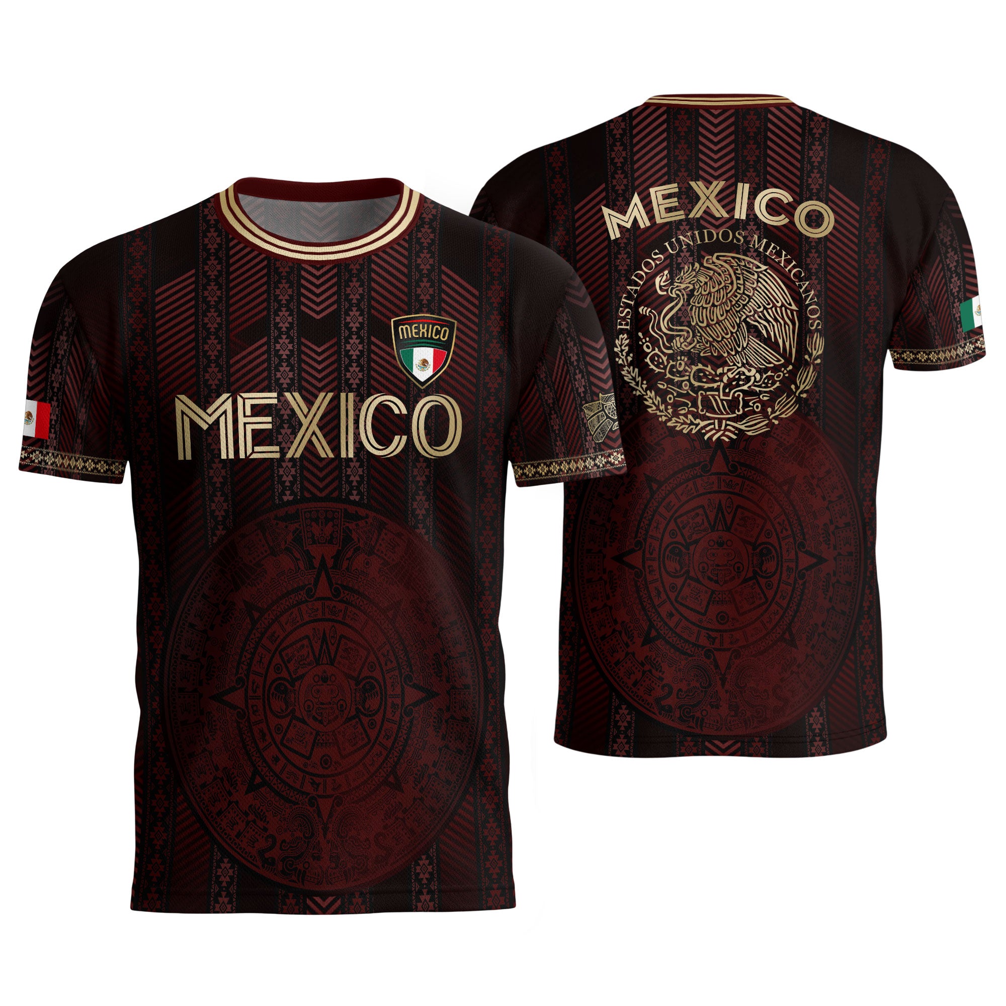 Mexico Burgundy Soccer Jersey with Golden Aztec Calendar and Eagle Crest