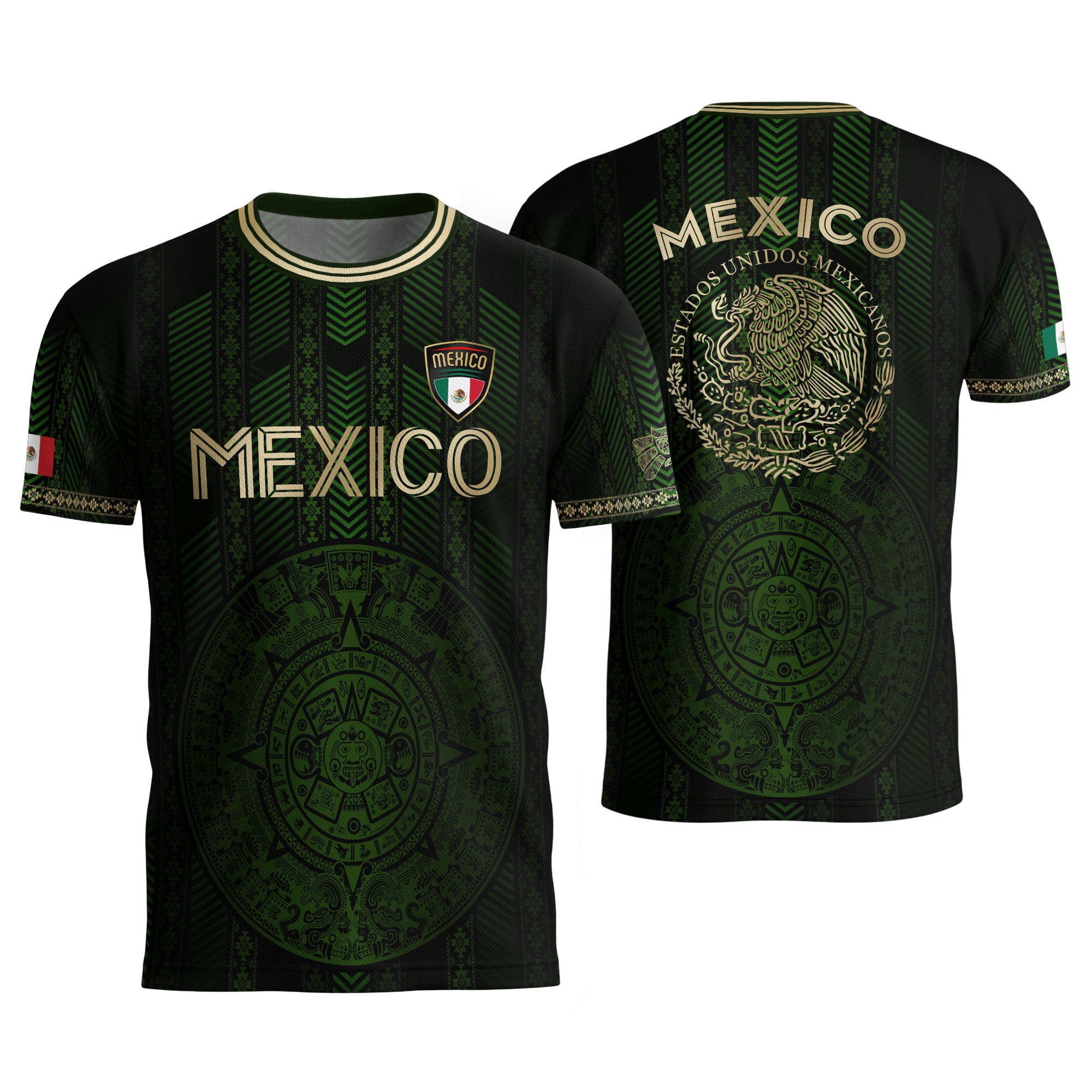 Mexico Green Soccer Jersey with Golden Aztec Calendar and Eagle Crest