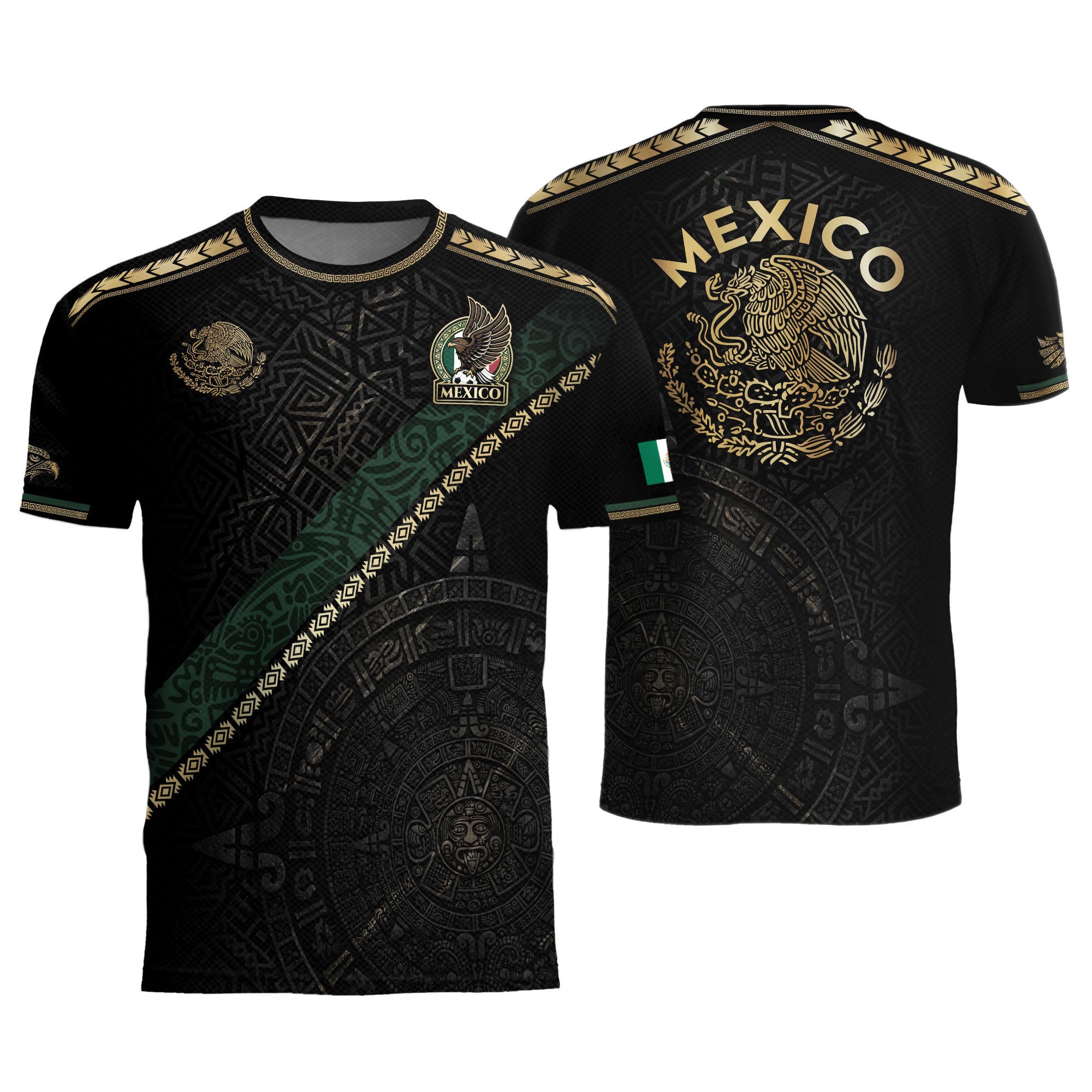Mexico Heritage Orgullo Mexicano Black Gold Sash Aztec Calendar Gold Shoulder Soccer Jersey